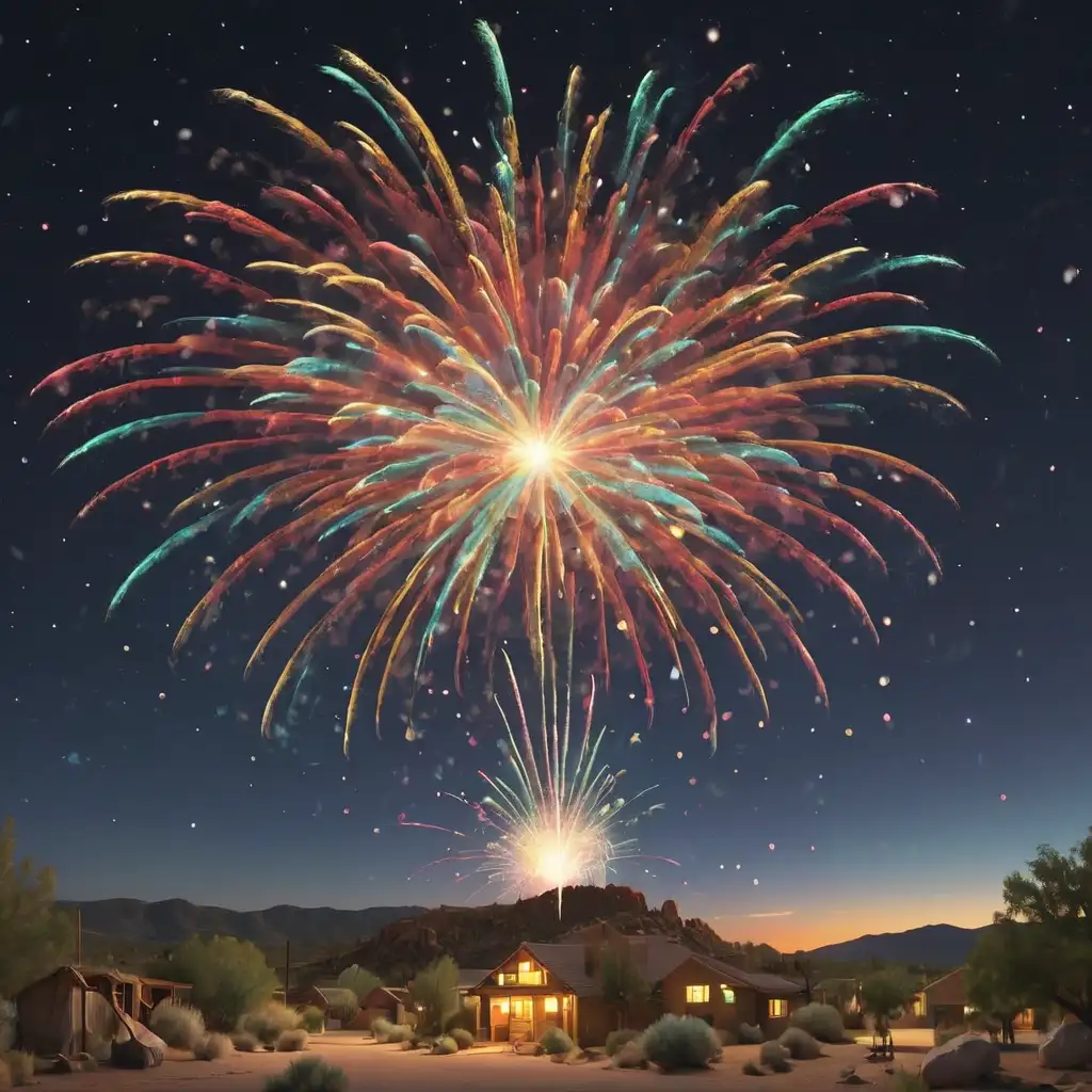 defined 3D cartoon-style colorful fireworks lighting the starlit sky at night in New Mexico
