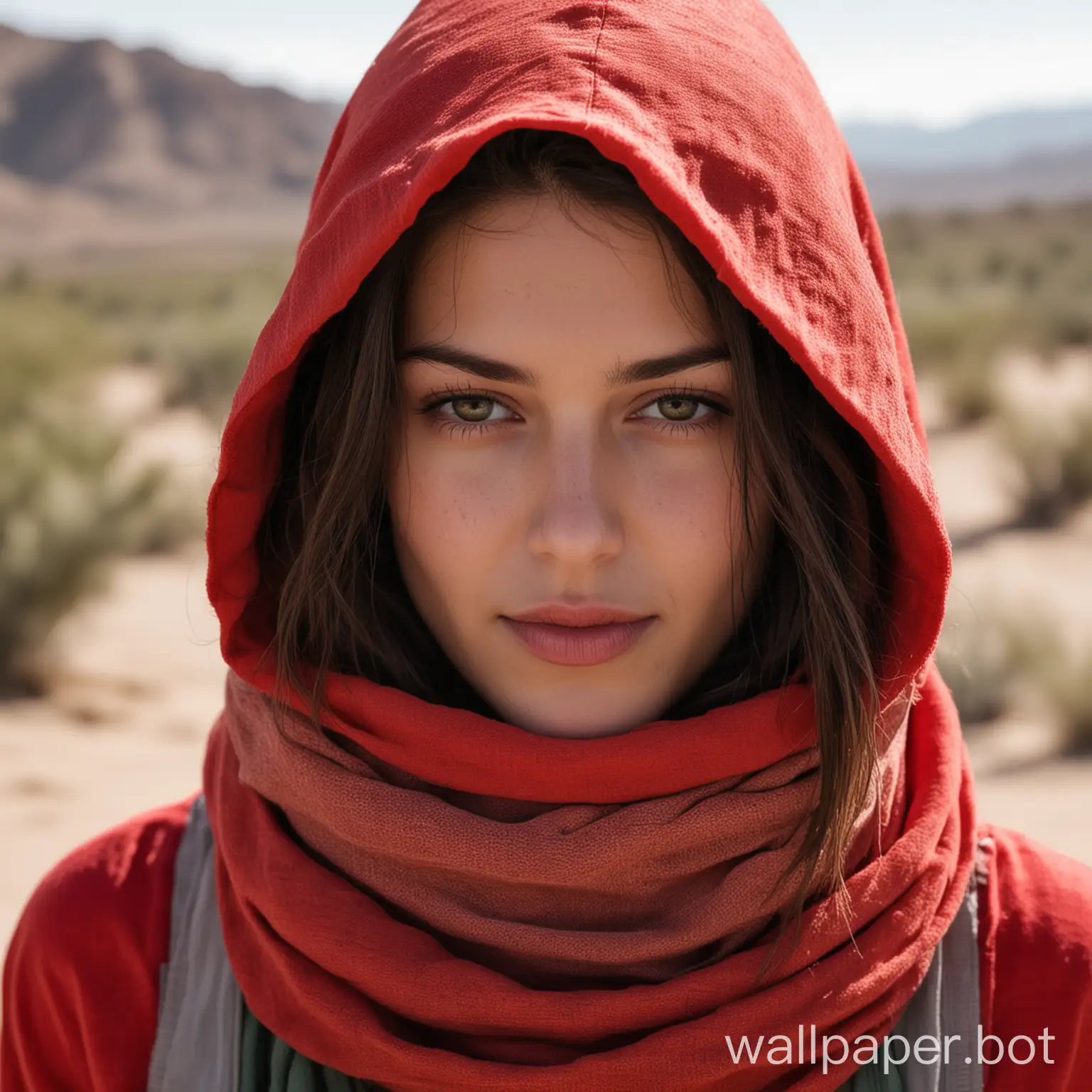 Faded green scarf covering the face of a brunette girl wearing a worn weather red  hood in the desert . frontal view close up
