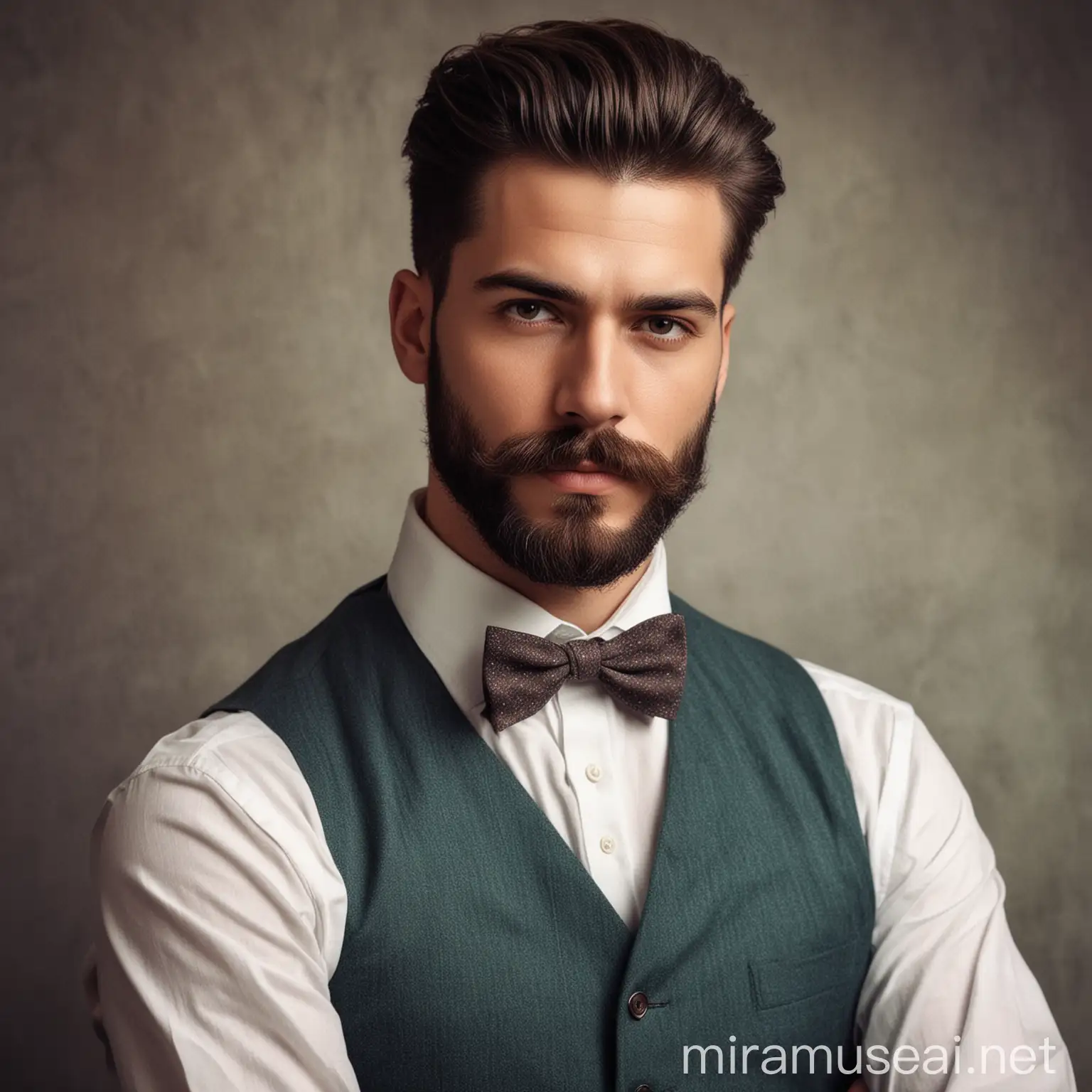 A Dashing Portrait of a Stylish Man with a Suave Haircut Well Groomed Beard and Sharp Mustache on his shoulder a just hand of a woman 
