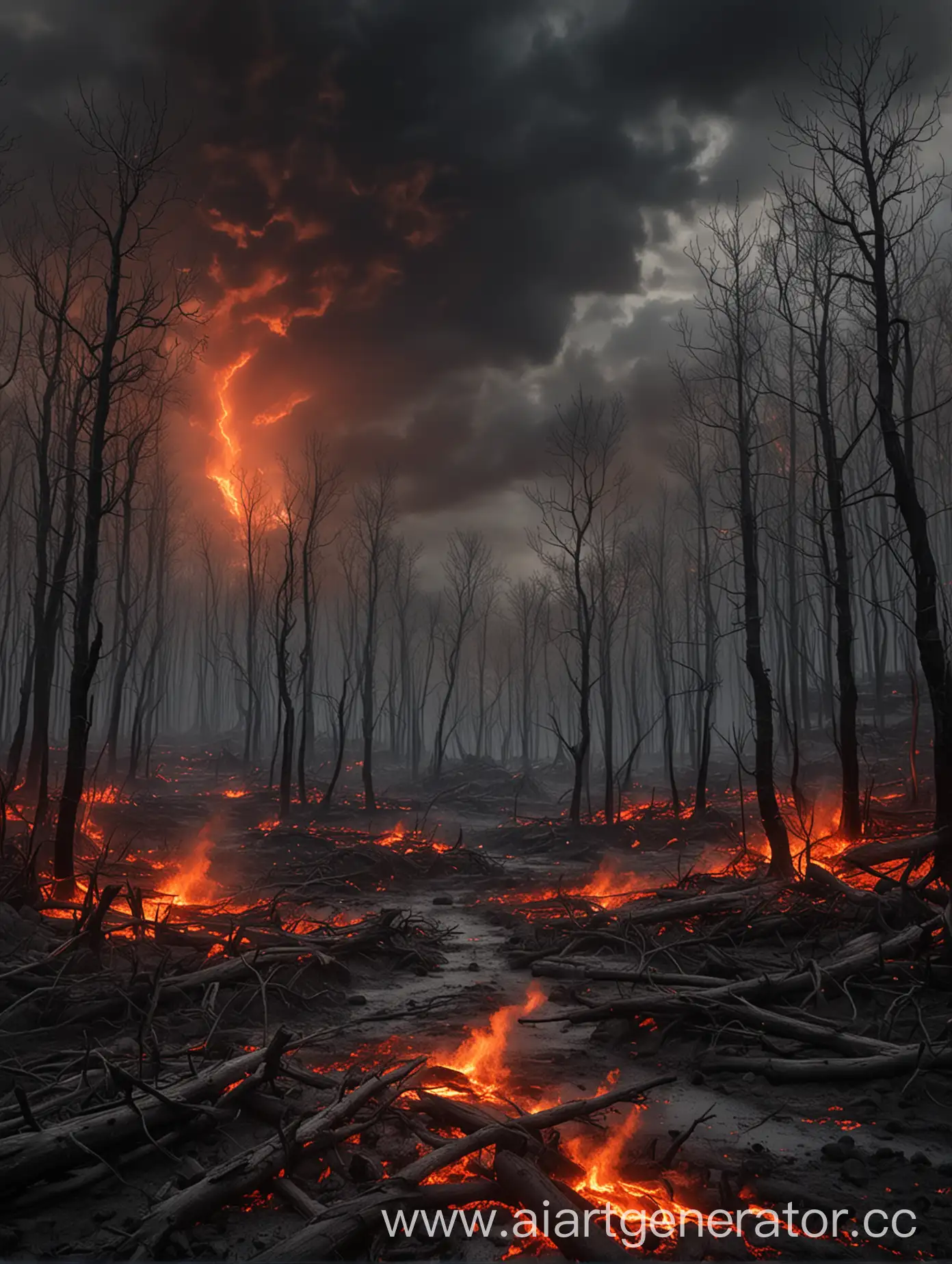 Выжженный лес растущий из пепла и магмы. Небо темное, облачное и с огненными вспышками на нем.