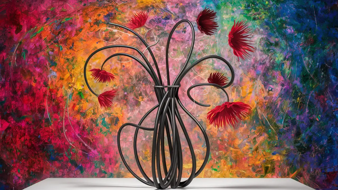 hyper modern whacky looking Painting of a wirey flower vase