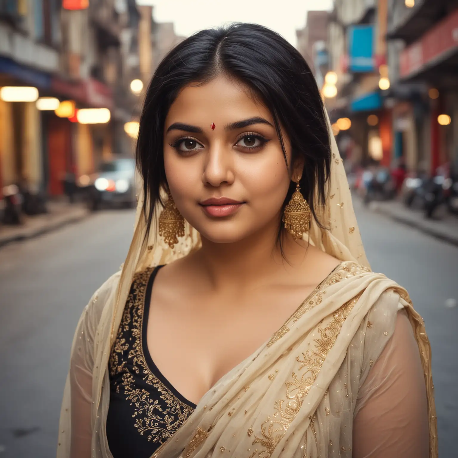 (((Desi Girl))), chubby face, Natural Skin, Wearing a hot deep necktop and dupatta, Attractive black hair, ((The ends of the hair are blonde)), city street background, Bokeh