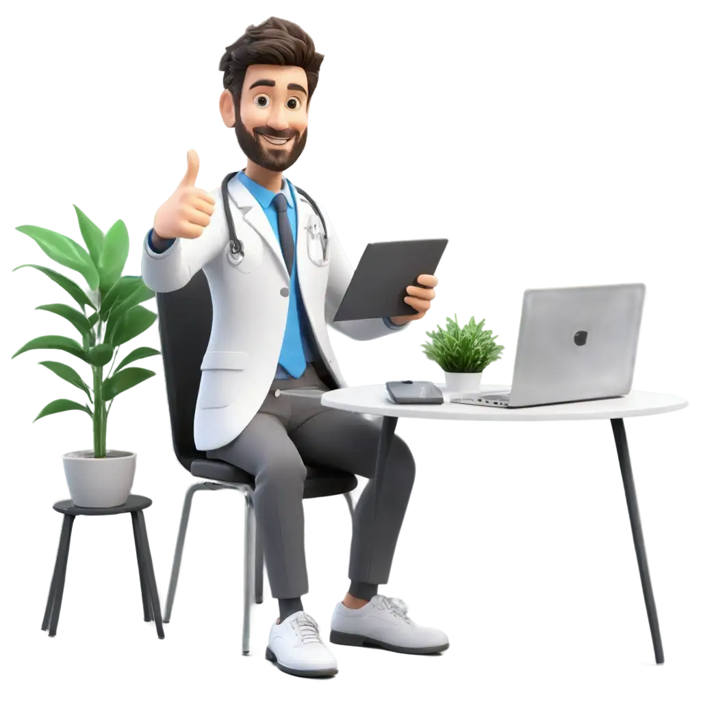 Smiling-3D-Doctor-with-Laptop-Thumbs-Up-and-Hot-Coffee-PNG-Image