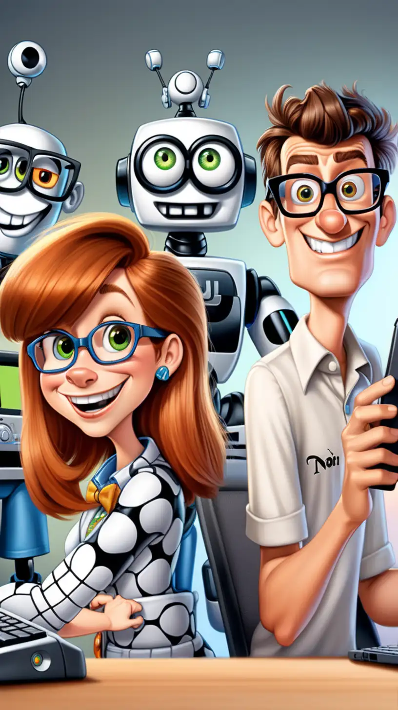 Playful Nerds and Robot in a PixarStyle Cartoon Scene