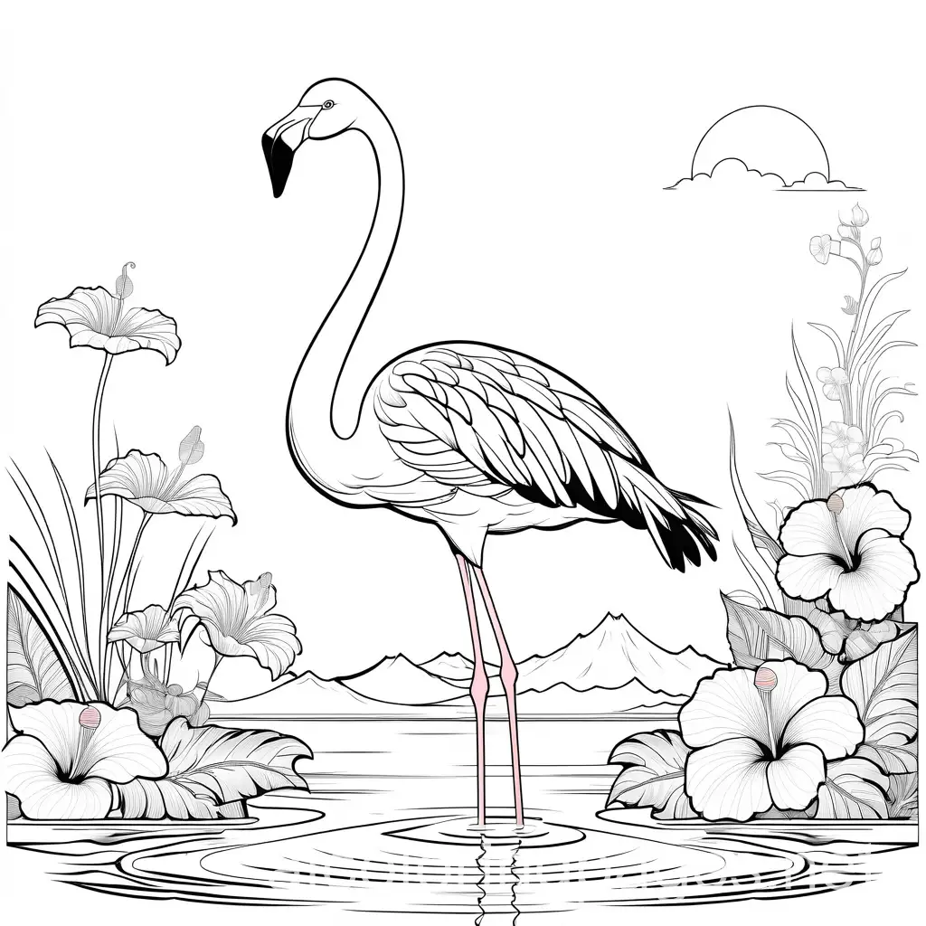 A flamingo balancing on one leg in a lagoon, surrounded by hibiscus flowers., Coloring Page, black and white, line art, white background, Simplicity, Ample White Space.
