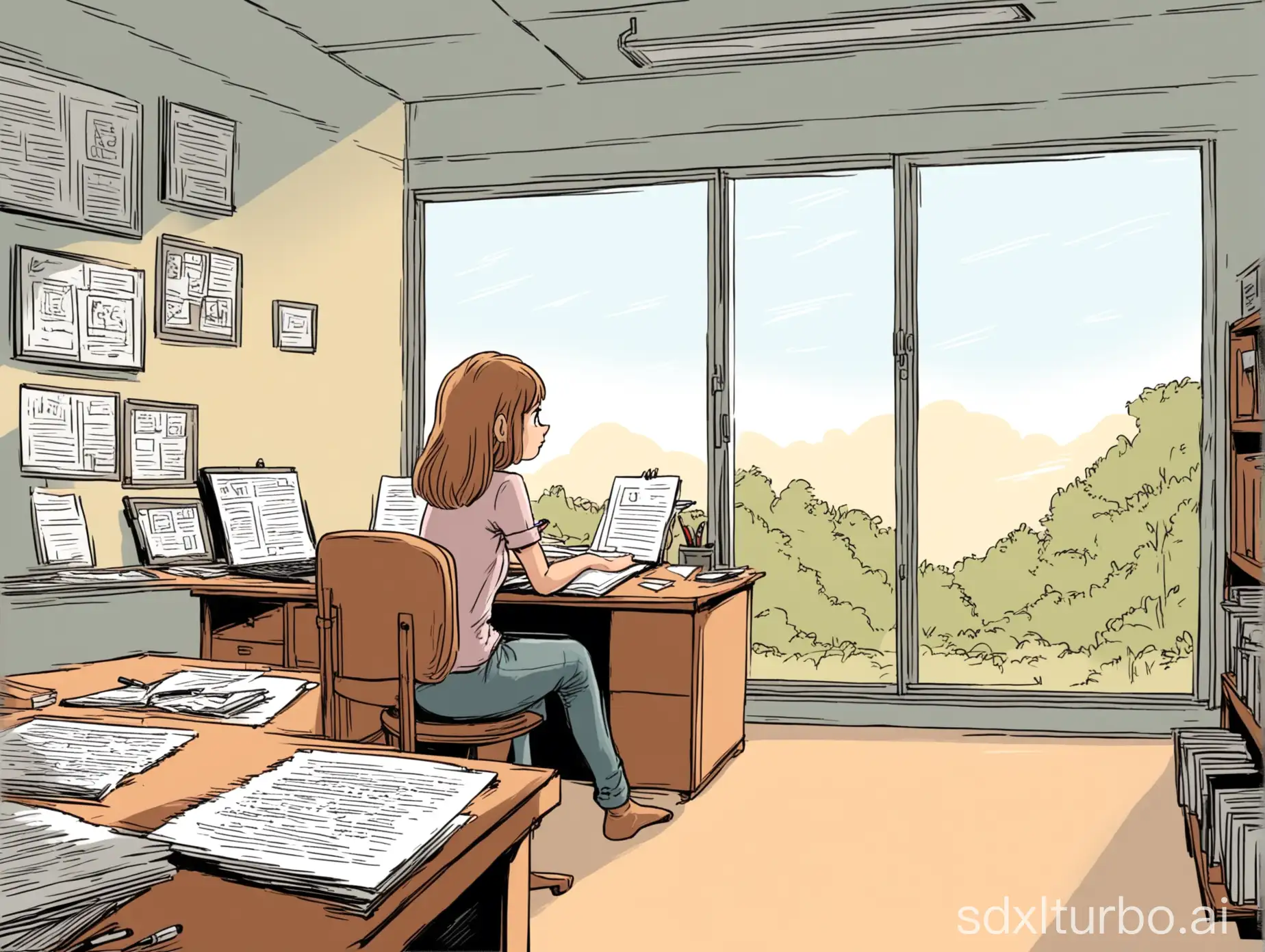 Girl sits in the writing office looking out the window, hand-drawn cartoon style,