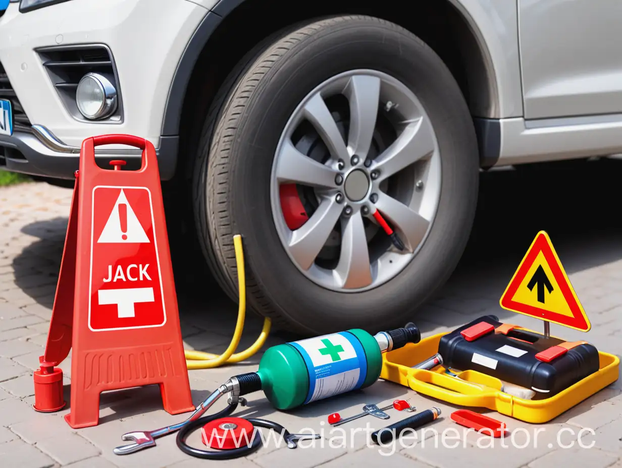 Car-on-Jack-with-Unscrewed-Wheel-and-Emergency-Sign