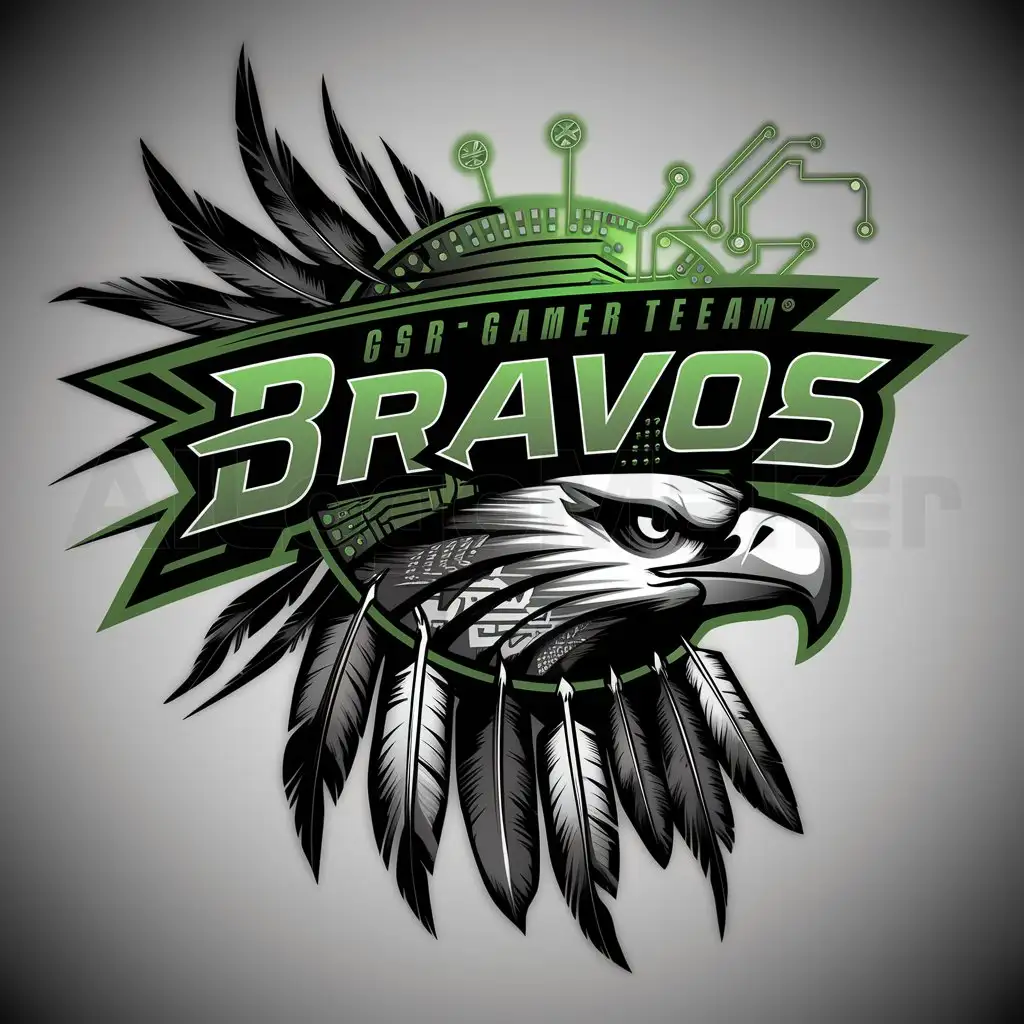 a logo design,with the text "BRAVOS", main symbol: Create a logo for a gamer team named "Bravos". The logo should be a blend of modern technology and Native American roots. The style should be collegiate, similar to university sports team logos.

Visual Elements:
Incorporate elements from Native American culture, such as feathers, tribal patterns, and traditional symbols.
Integrate technological details, like circuits, microchips, or futuristic light effects.
The combination of these elements should be harmonious and representative of both tradition and modernity.

Colors:
Use a color palette that includes green, black, and gray. Green should be the primary color, symbolizing energy and nature. Black and gray should be used to add depth, contrast, and a modern touch.

Typography and Text:
The name "Bravos" should be in a collegiate style font, with strong and defined letters. Ensure that the text is legible and integrated cohesively with the graphic elements.

Format and Resolution:
The logo should be designed in high resolution. Recommended proportion: 1:1 (square). It should be easily scalable to different sizes without losing quality.

Logo Layout:
Central: A main symbol that combines traditional elements (like an eagle head with feathers) and technological details (integrated circuits).
Text: The name "Bravos" at the bottom or top of the central symbol, in a collegiate font.
Colors: Dominant green with black and gray details to highlight both technological and traditional elements.,Moderate,clear background