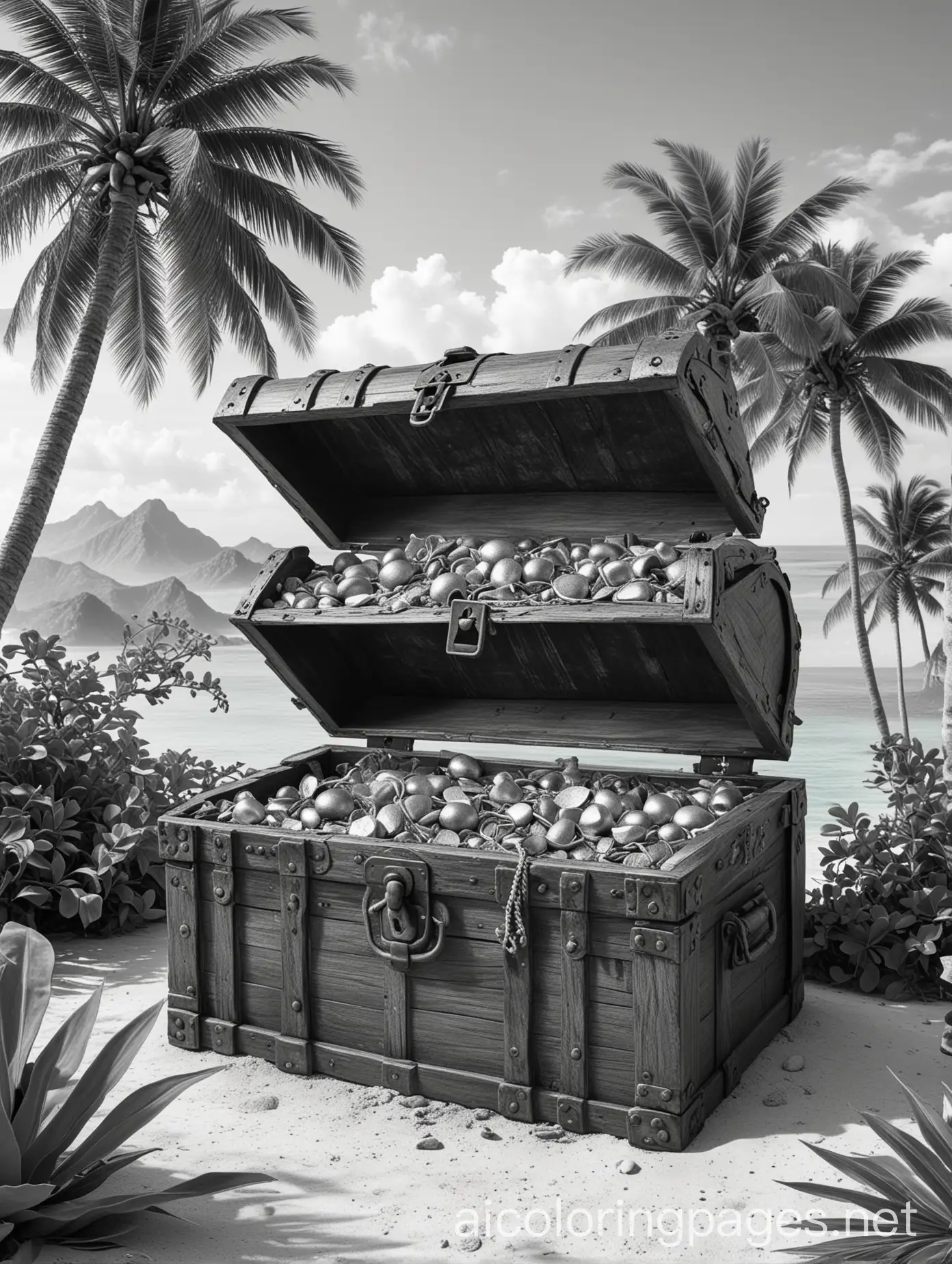 a captivating photo-realistic image of a pirate's treasure chest on a tropical island , Coloring Page, black and white, line art, white background, Simplicity, Ample White Space