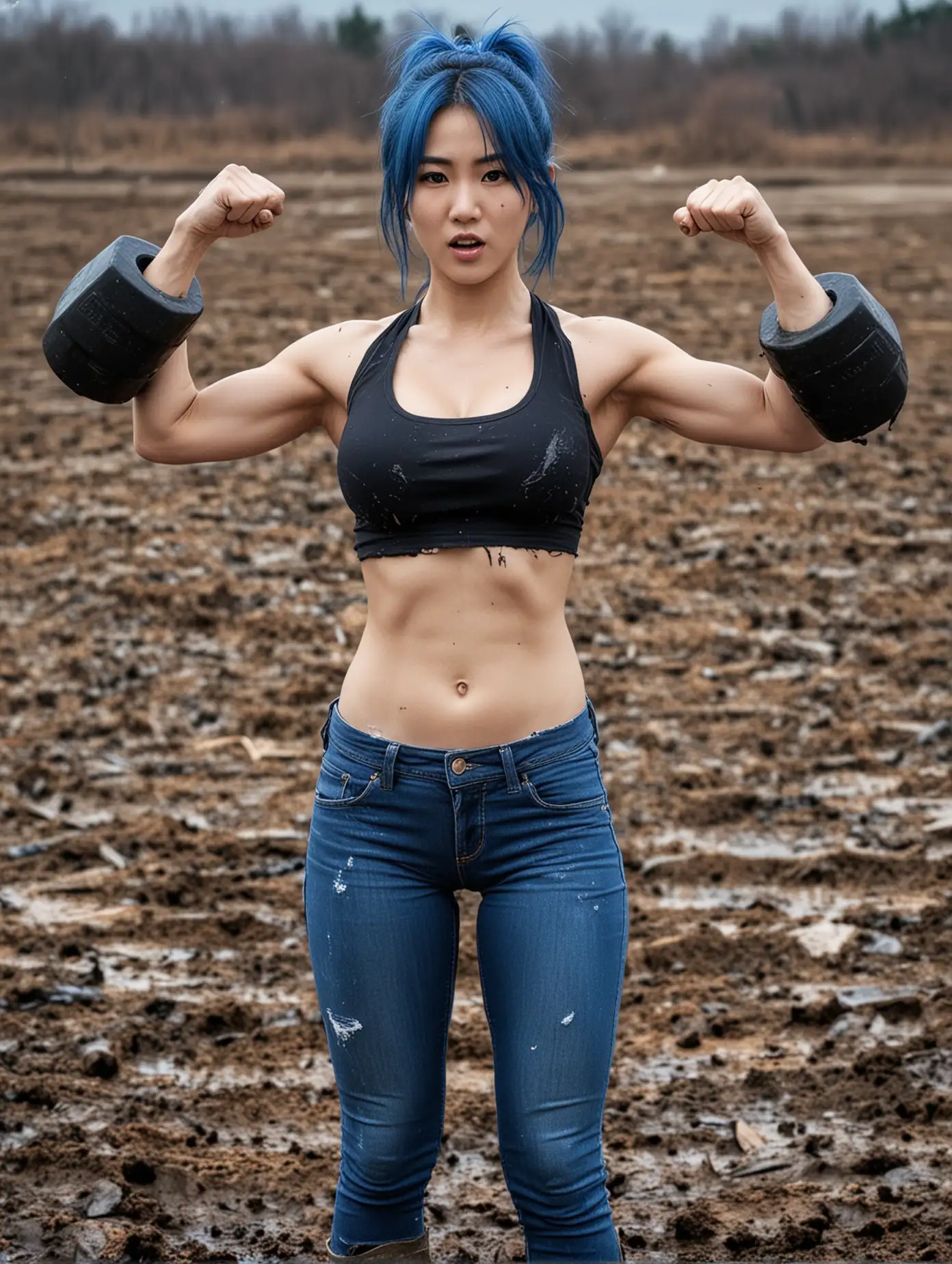 korean woman blue hair pony tail wresting dark blue jeans very very large breasts muddy field lifting weights muscular arms flexing punching