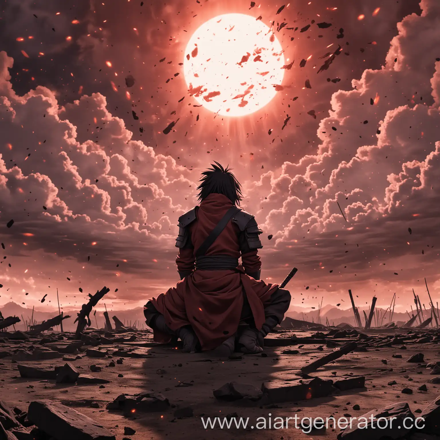 мадара учиха сидит на поле битвы , и наблюдает  за небом полным пепла
