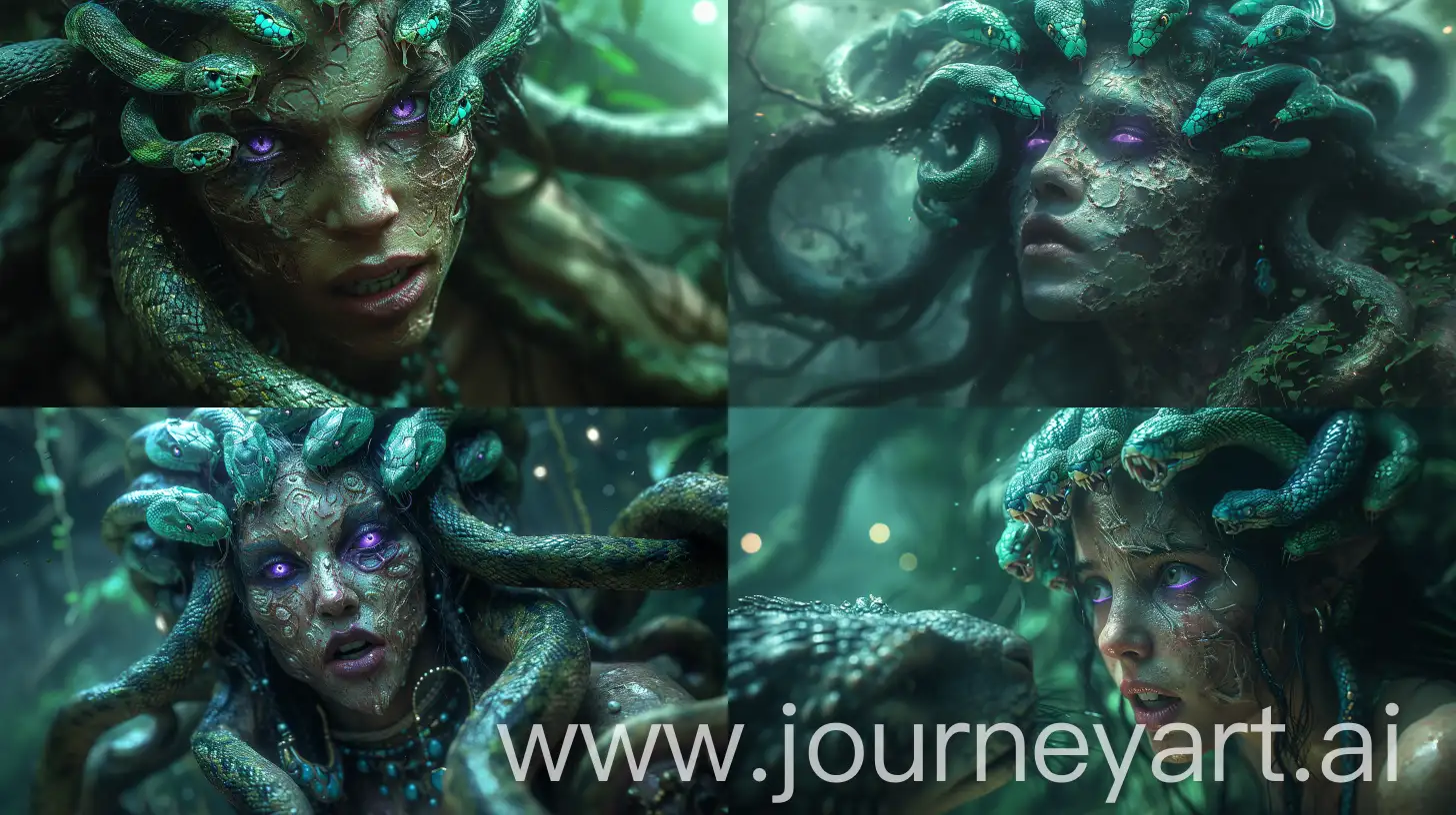 a photorealistic image of medusa with ten snake heads speaking to an animal. The snake heads swarm above her head. the snake heads are green, blue and turquoise. Medusa's eyes glow purple. Medusa has peeling skin. she wears special jewelry. she is in a dark spooky forest. it's night. moonbeams shine through the vegetation. atmospheric lighting, very detailed. --ar 16:9 --s 1000 