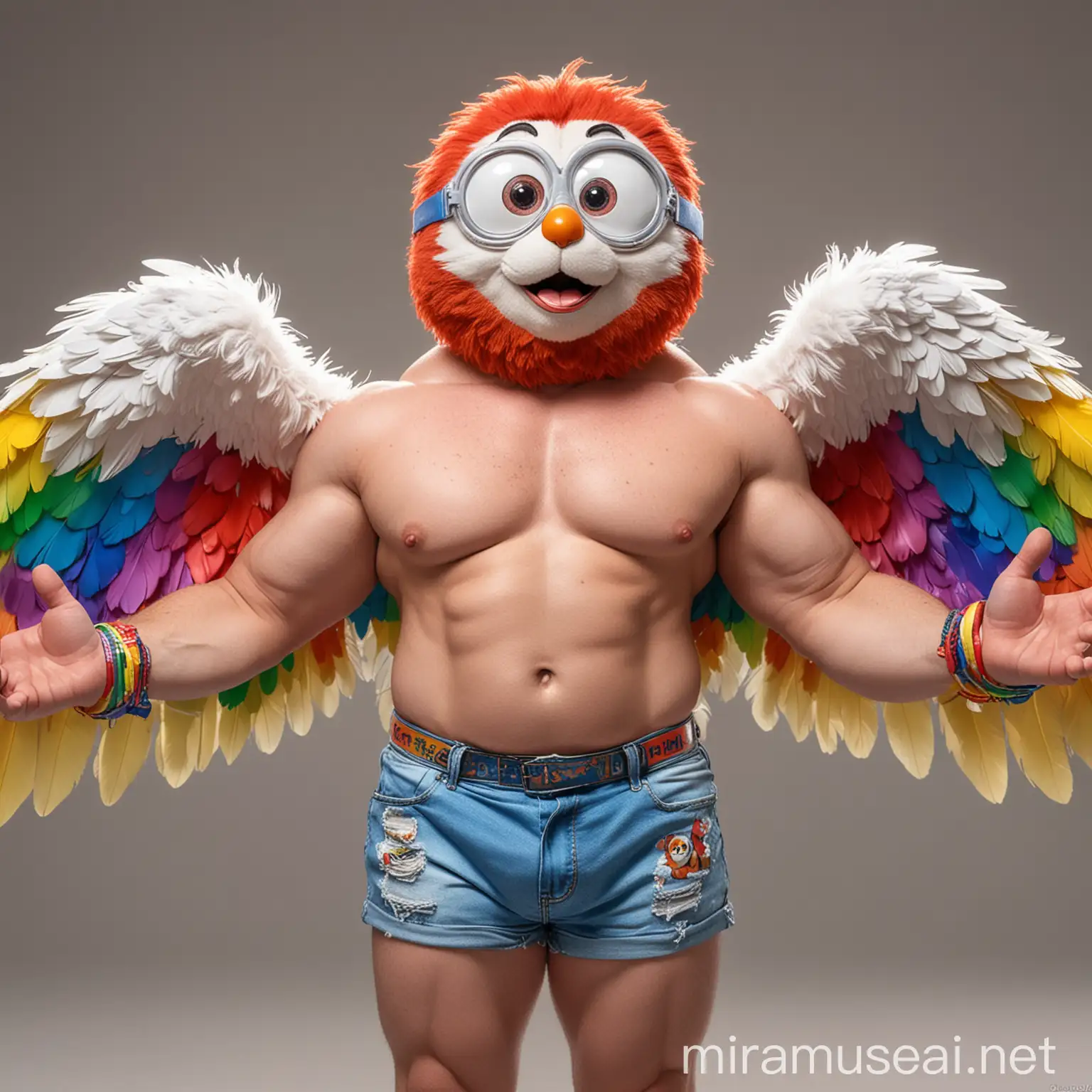 Studio Light Subtle Smile Topless 40s Ultra Chunky Red Head Bodybuilder Daddy Big Eyes with Beard Wearing Multi-Highlighter Bright Rainbow Colored See Through huge Eagle Wings Shoulder Jacket short shorts and Flexing his Big Strong Arm Up with Doraemon Goggles on forehead