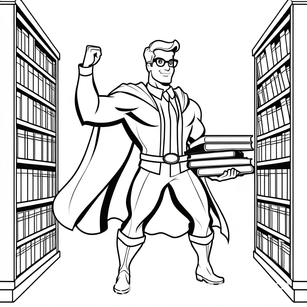 A cartoon superhero librarian holding books in a heroic pose., Coloring Page, black and white, line art, white background, Simplicity, Ample White Space. The background of the coloring page is plain white to make it easy for young children to color within the lines. The outlines of all the subjects are easy to distinguish, making it simple for kids to color without too much difficulty