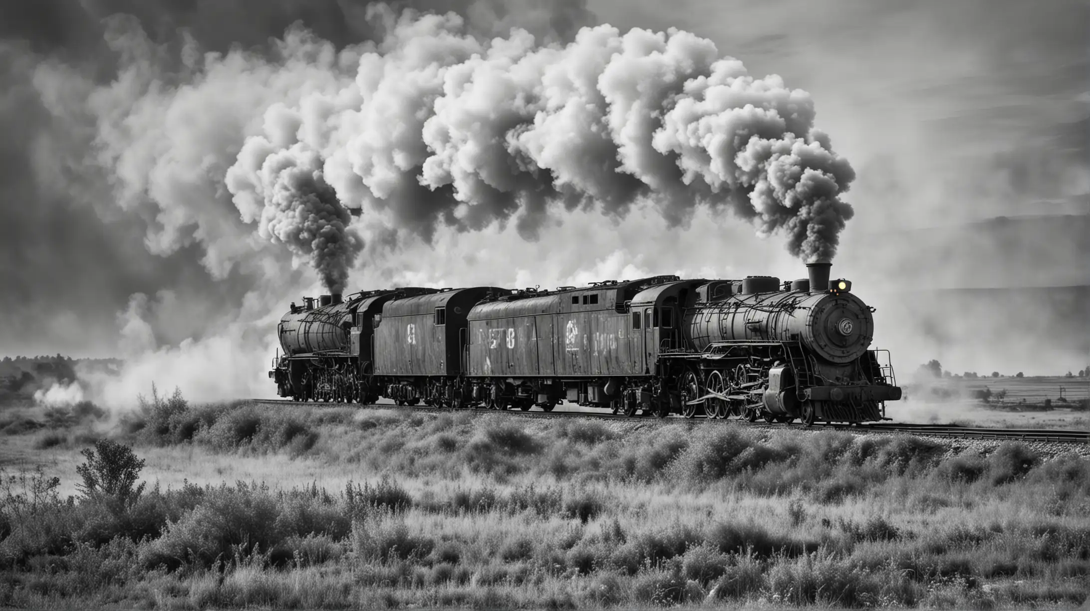 Vintage Steam Train Traveling Through Grungy Black and White Landscape with Billowing Smoke