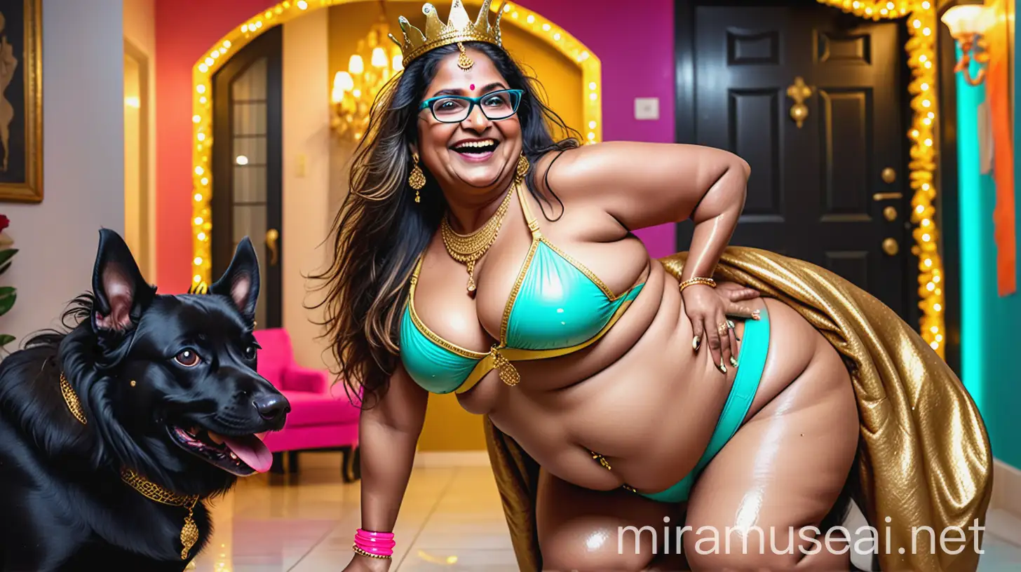 a mature fat curvy  indian  woman with 49 years old age wearing a Prescription Eyeglasses on face and gold ornaments and a gold crown on head with curvy body wearing a  neon colorful  wet thong  with full make up ,open long hair style,   , doing  squats near a big black dog    wearing high heels on feet  in royal luxurious house , she is happy and smiling, its night and a lots of lights are there
