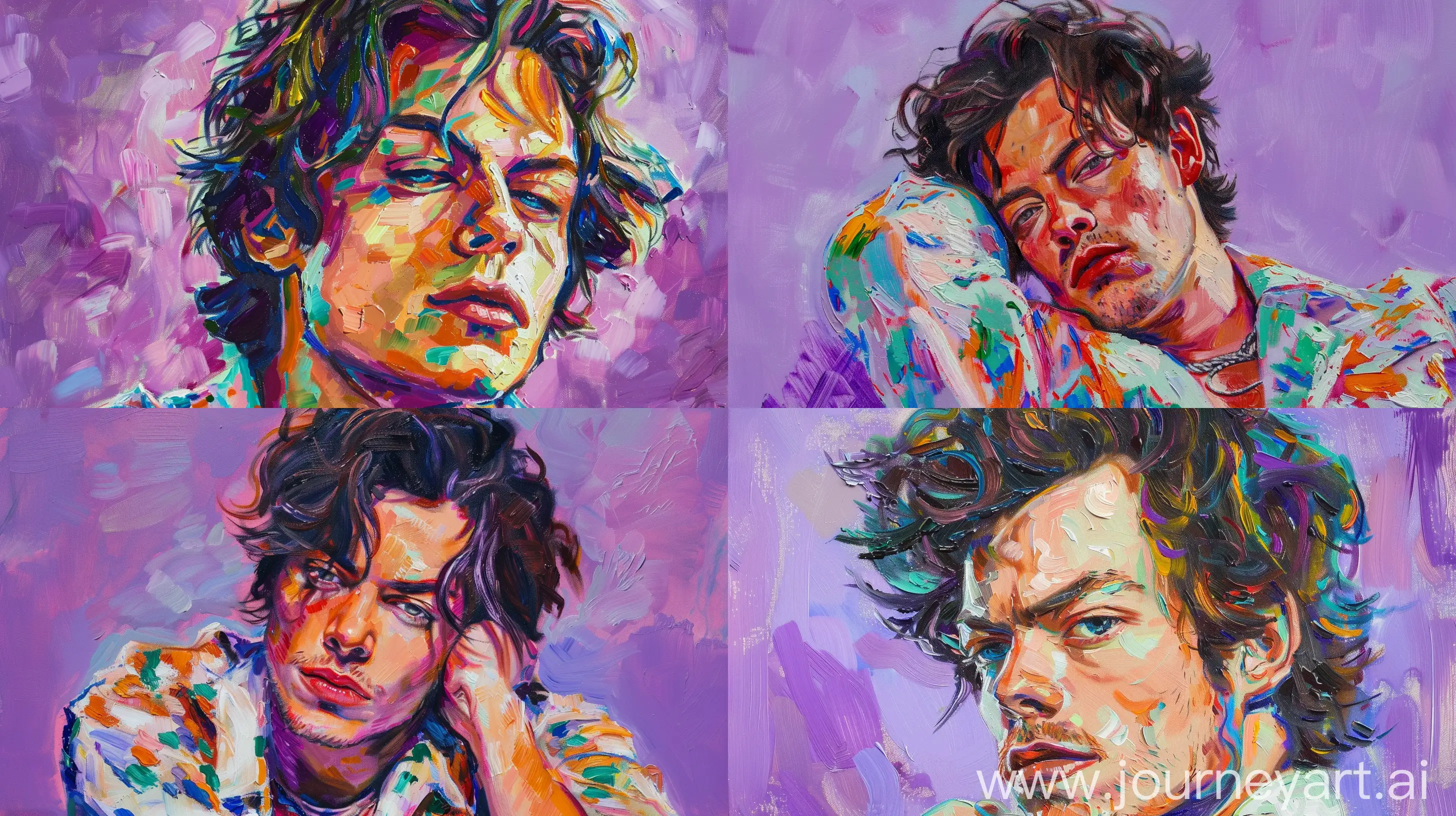 oil painting of harry styles in van gogh style with soft vibrant pastel colors with purple background --ar 16:9
