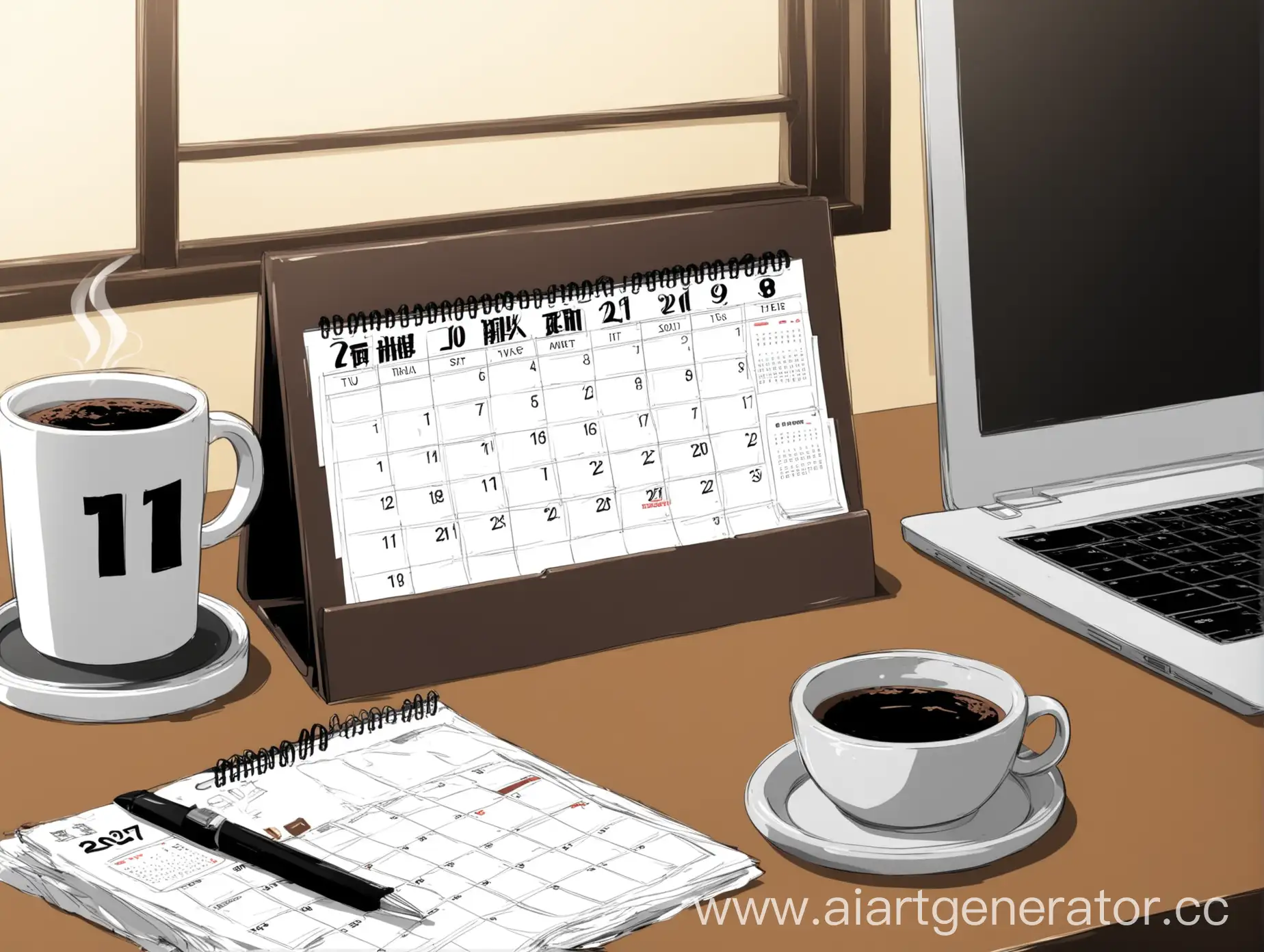 настольный календарь стоит на столе, рядом стоит кружка кофе, пепельница и ноутбук, стиль аниме