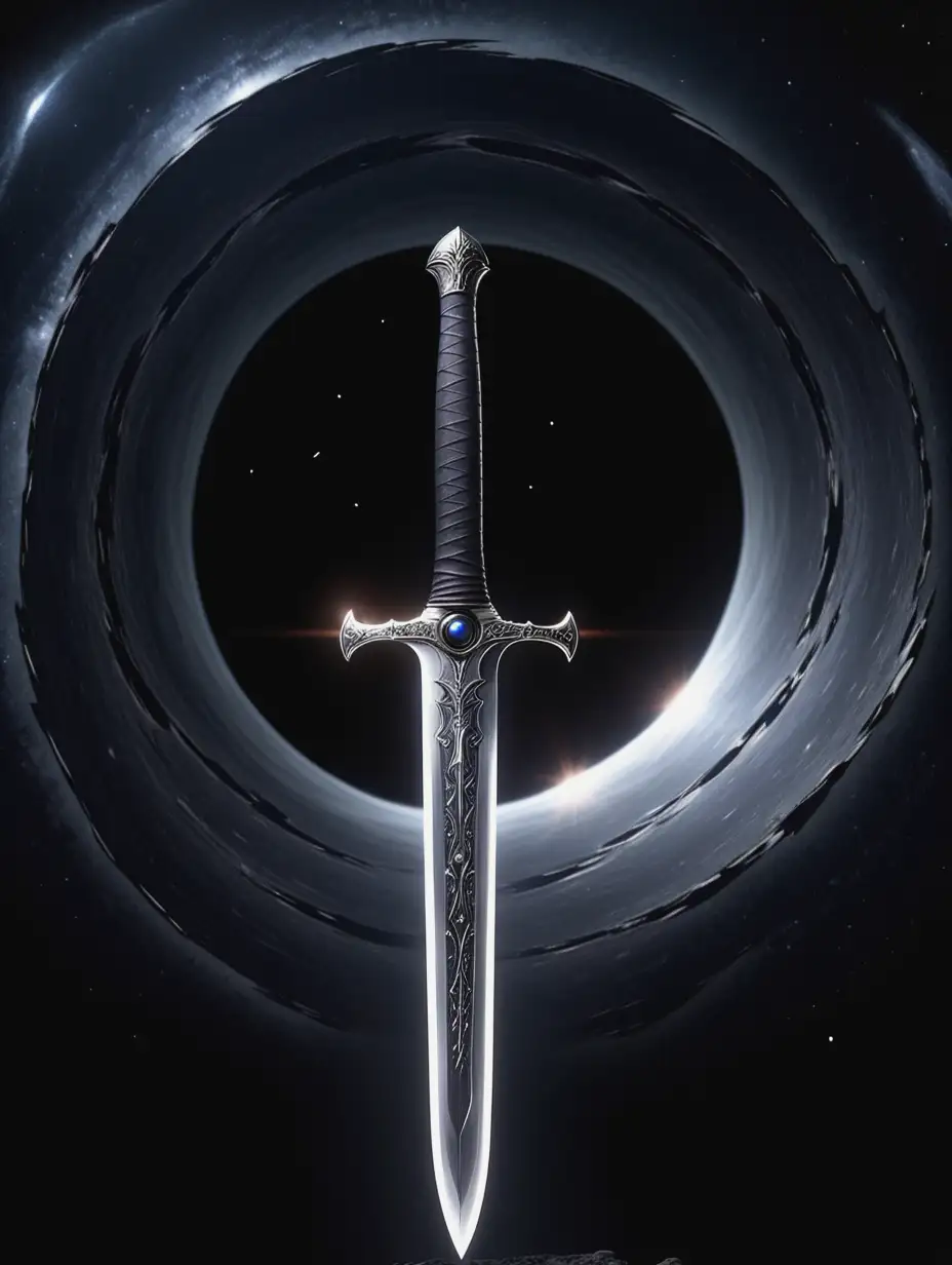 серебряный меч летит в черную дыру в космосе через горизонт событий. Внутри черной дыры полная темнота и звезд не видно