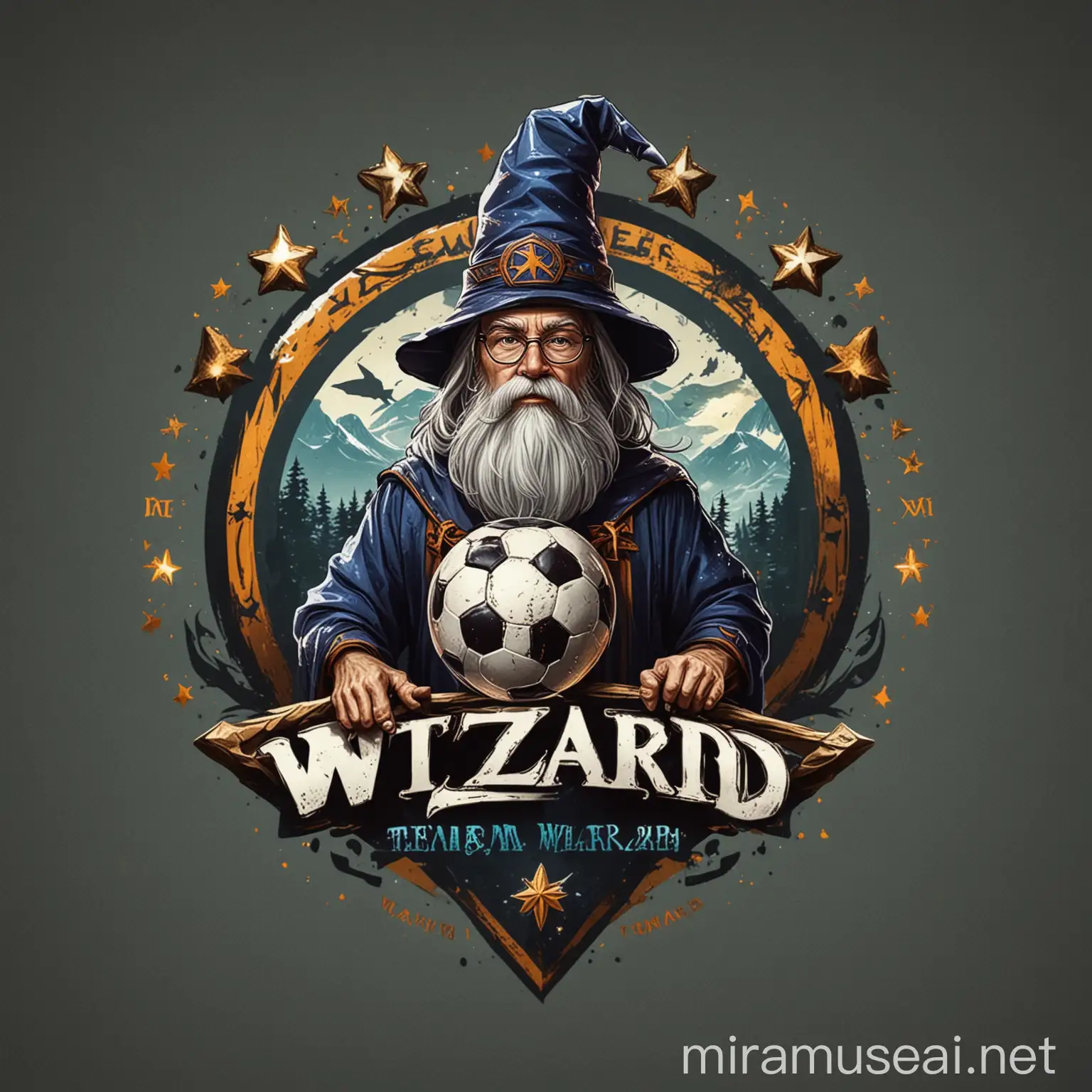 Dynamic Wizard Team Logo with Soccer Elements