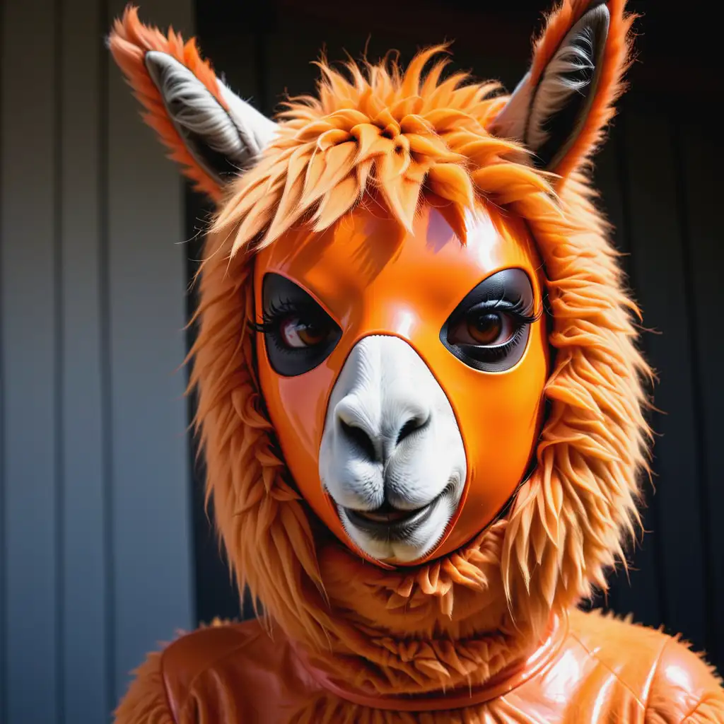 Латексная девушка фурри лама с оранжевой латексной кожей в резиновой маске ламы на голове
