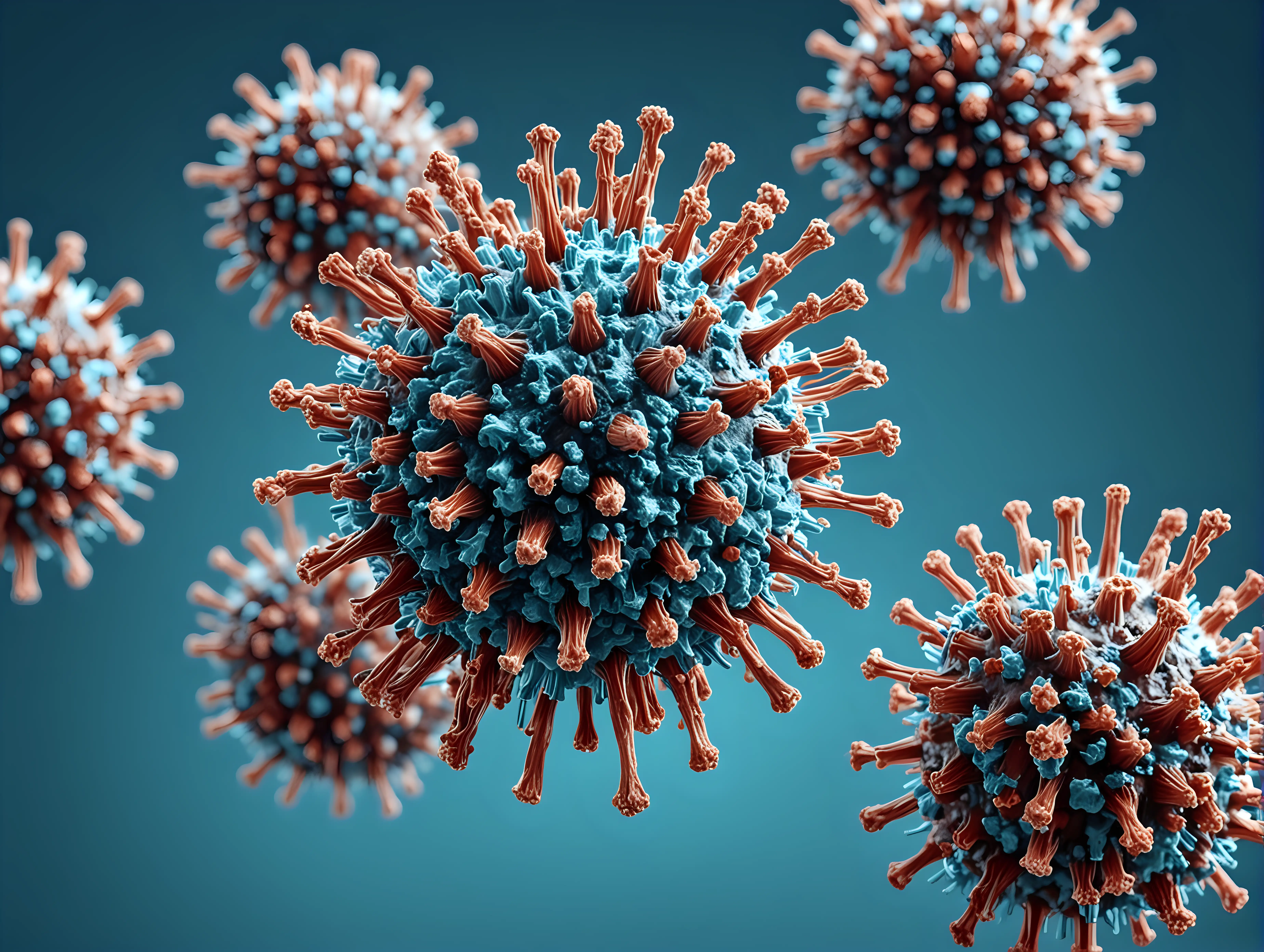 Coronavirus and Flu Germs on Blue Background Macro 3D Illustration