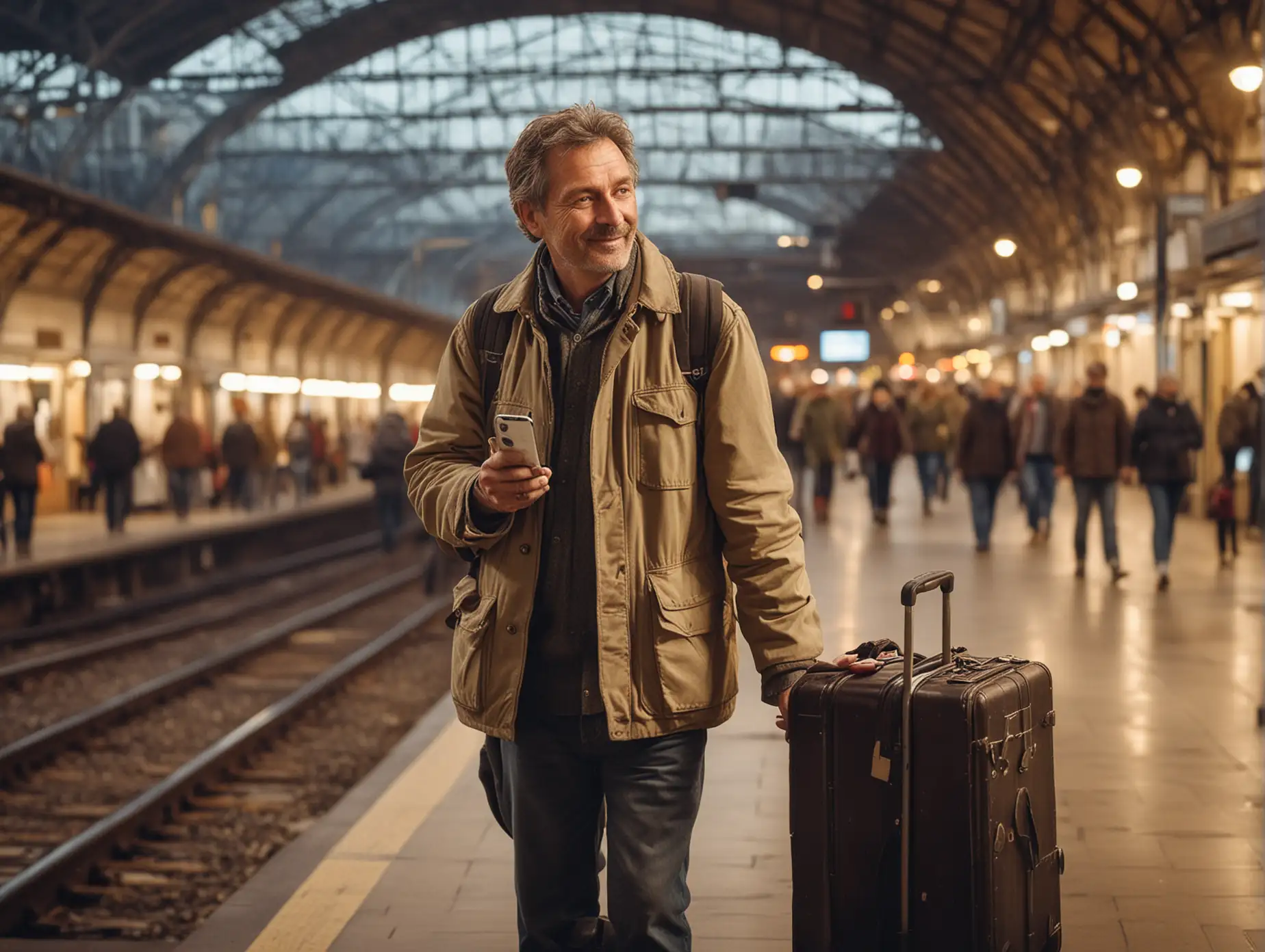A man above 50 years old, dressed casualy. He has a suitcase by his side, a map in one hand, and a mobile phone in the other. He is looking at the map. He looks happy but a little lost. He is in a raillway station, full of people. The light is warm as an autumn evening,