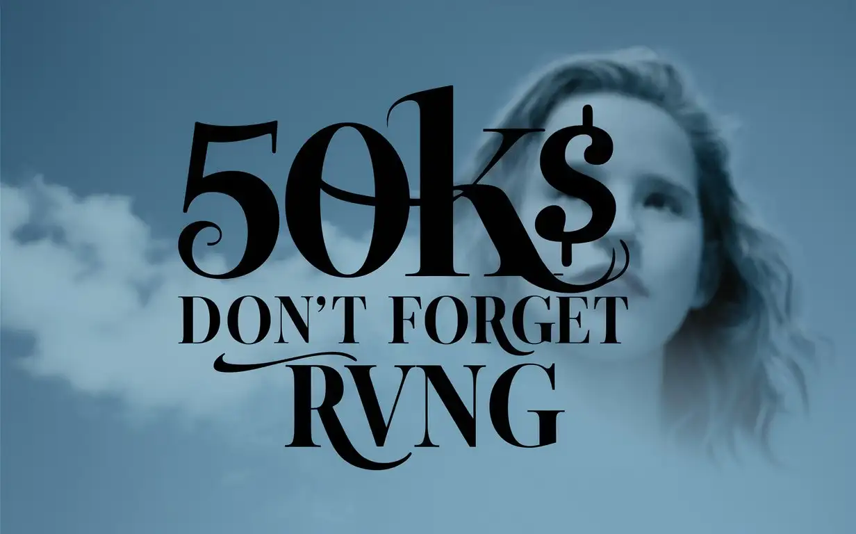 written '50k$' in center, below 'Don't forget RvNg', stylish text font, low opacity girl face in the sky, blue view
