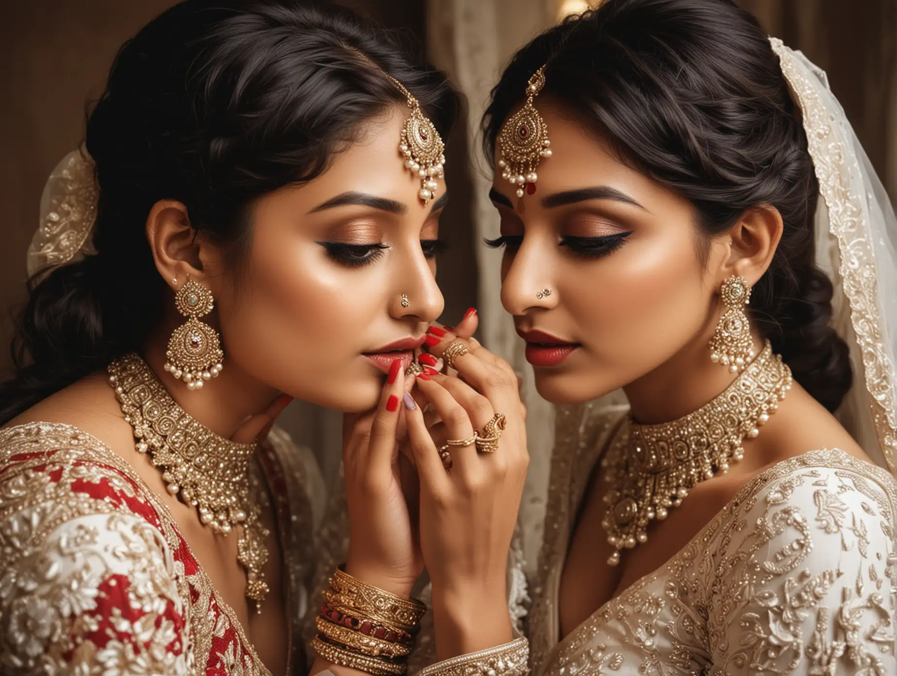 Two Indian hot girls,wearing  wedding dress, best makeup, touching nose,high contrast, ultra realistic,portrait full length shot
