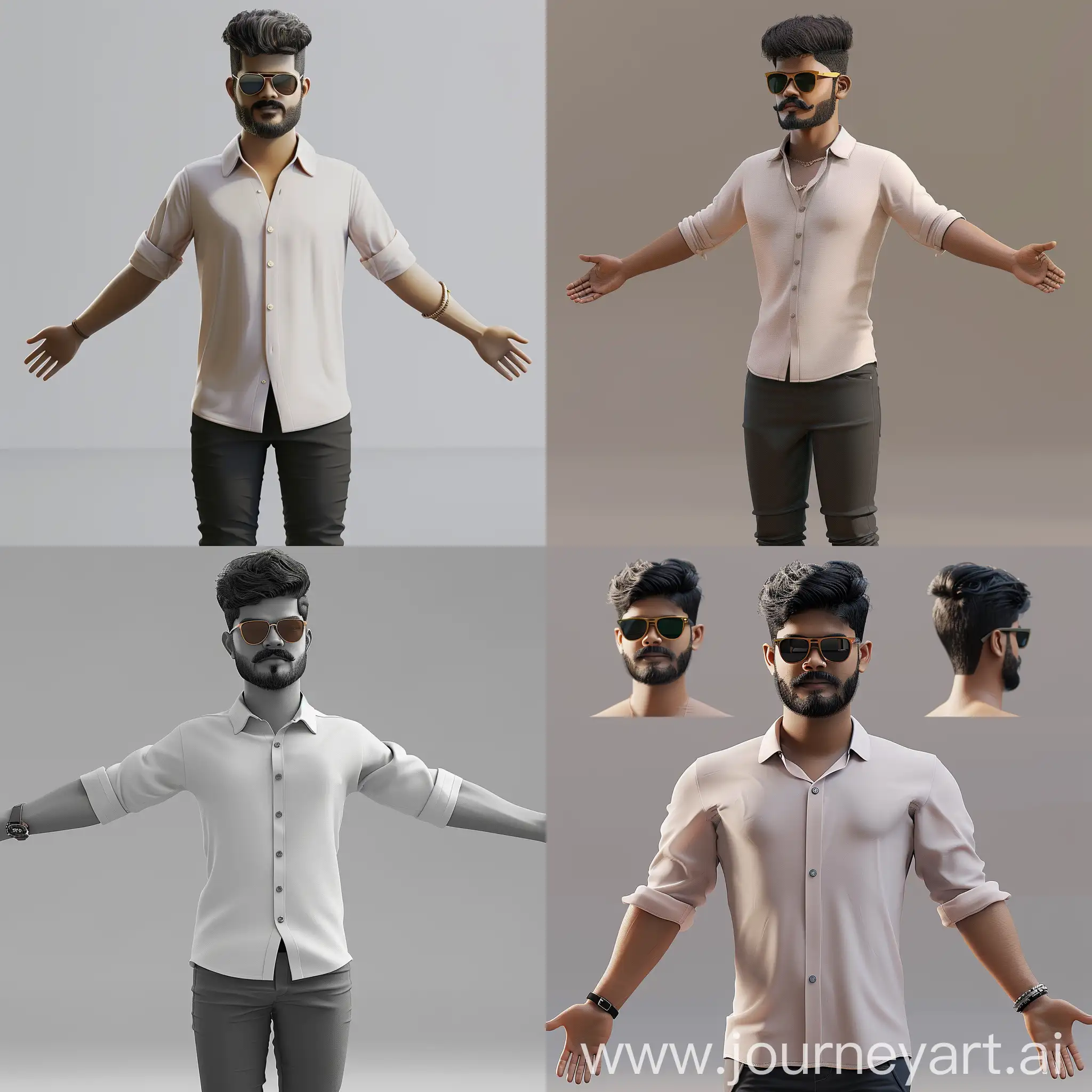 Create a 3D character model based on this image of a man. The character should be posed in a standard T-pose with arms extended horizontally and legs straight and parallel. The character should have the same facial features, hairstyle, beard, sunglasses, and clothing as depicted in the image. Ensure that the lower half of the body, including the legs and feet, are accurately generated and proportionate to the upper half of the body. Maintain the style and color of the clothing. Provide a neutral background for clarity also use the exact same face from the image i shared in cref