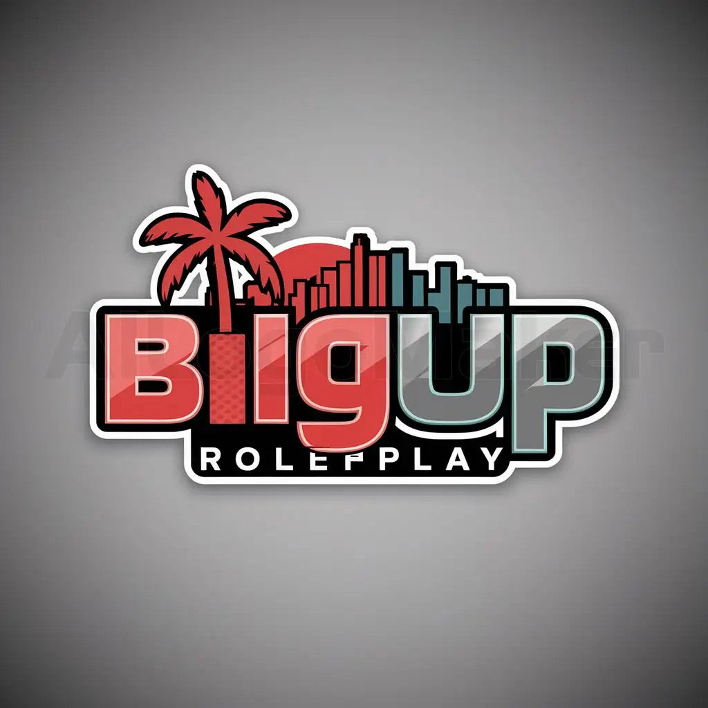 a logo design,with the text "fivem", main symbol:a logo design,with the text 'BigUP Roleplay', main symbol:palm tree and downtown miami, red and gray color matching sunset background, and more classic font gta vice city style roleplay, colorful text,Moderate,clear background i dont want it to say FiveM.,Moderate,be used in Technology industry,clear background