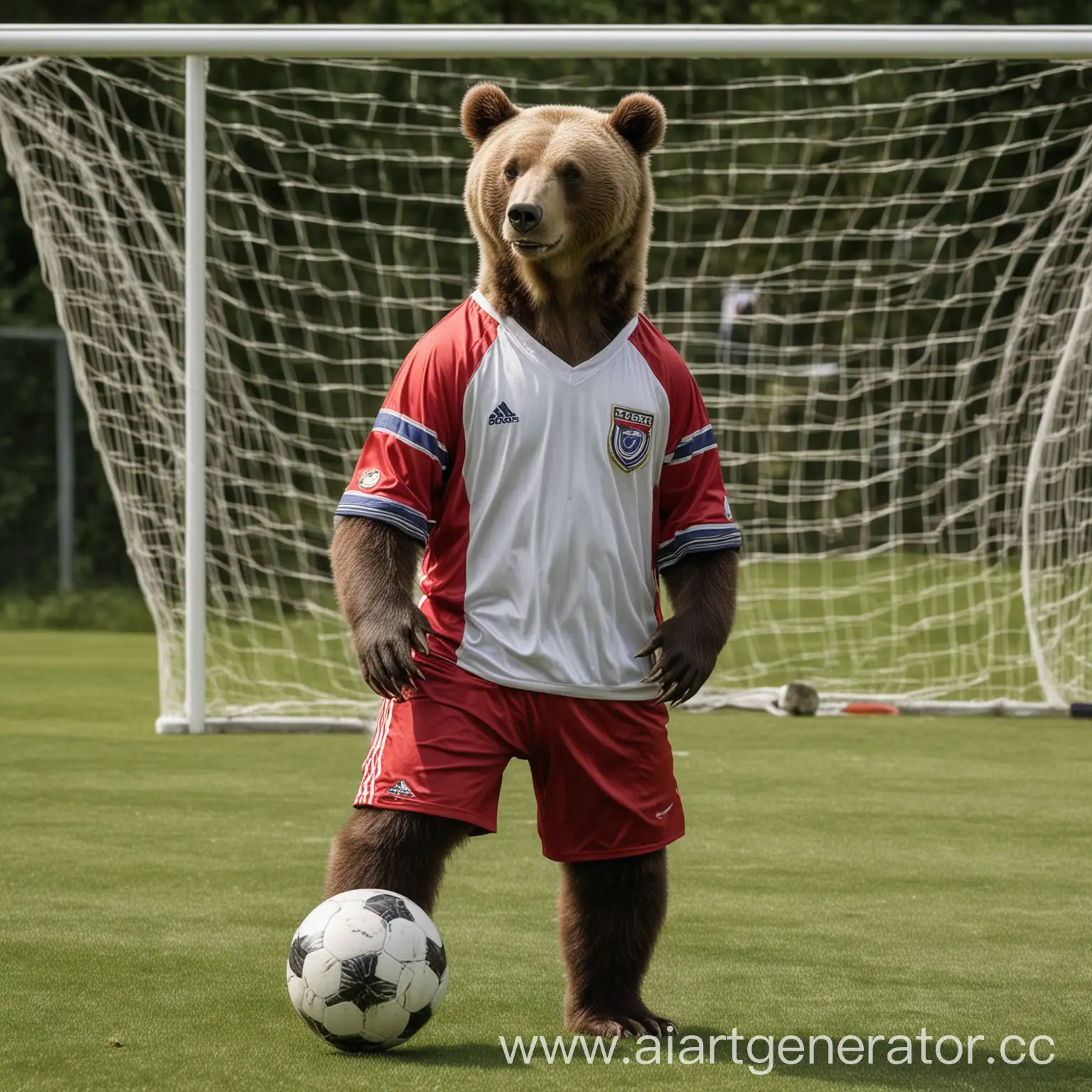 Медведь играет в футбольной форме на футбольных воротах и выпинывает мяч