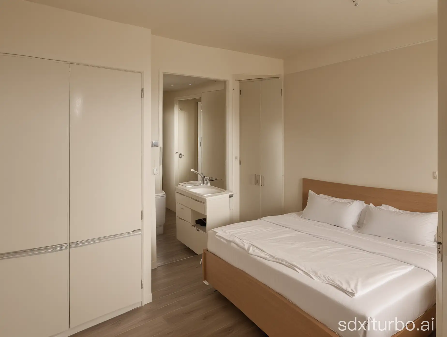 A suite has a bed and a small kitchen, with the bathroom separated from the other rooms.