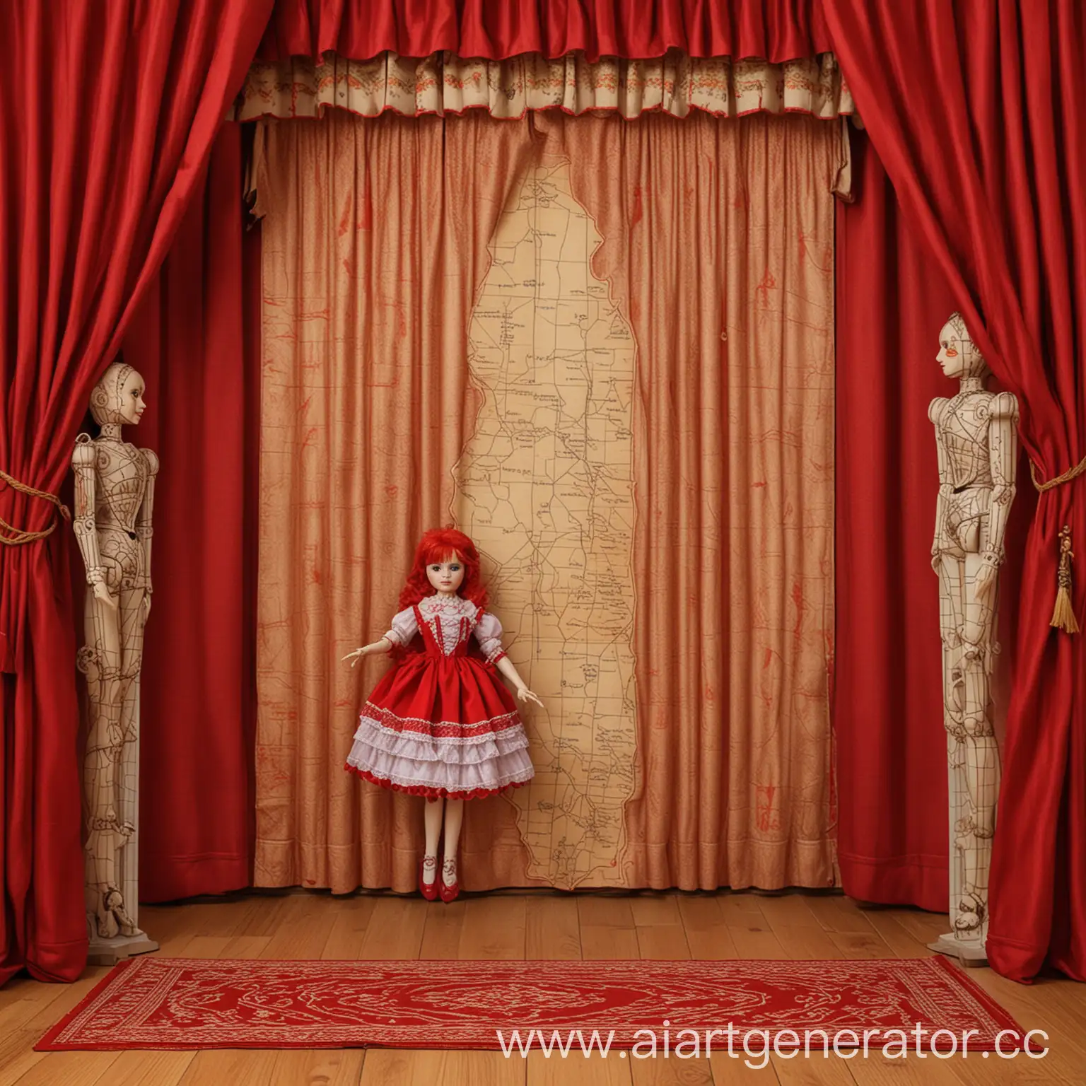 Vivid-Red-Puppeteer-Doll-on-Map-with-Red-Outline-and-Curtain