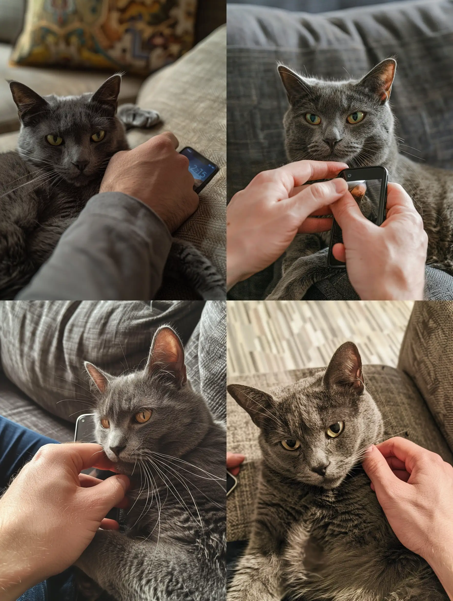 A man's hand petting a grey cat, in sofa, light brown skin, picture taken from his phone,