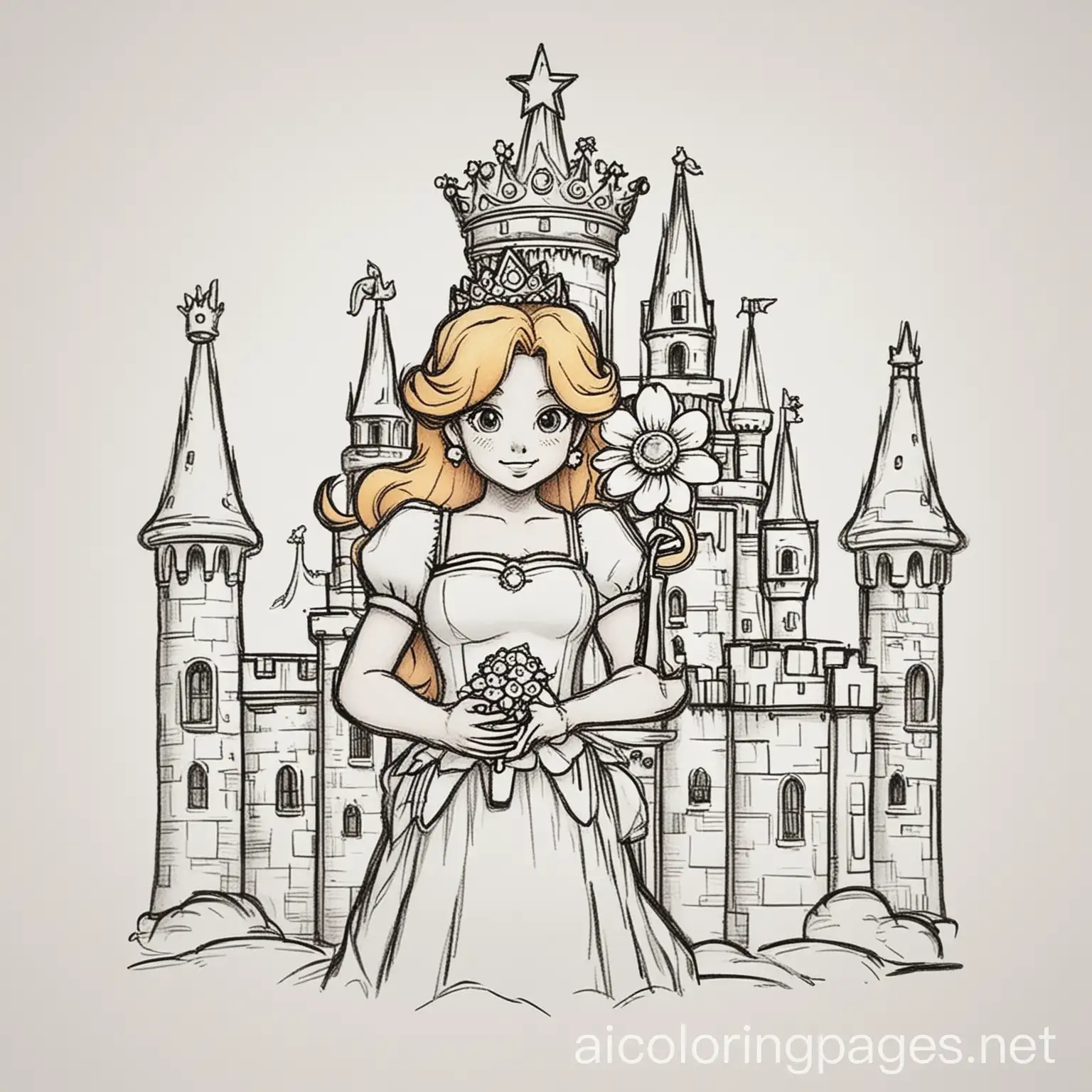 Princess peach’s castle with princess peach, Daisy, and Rosalina. Peach holding a crown, Rosalina holding her magic star, and Daisy holding a daisy flower, Coloring Page, black and white, line art, white background, Simplicity, Ample White Space.