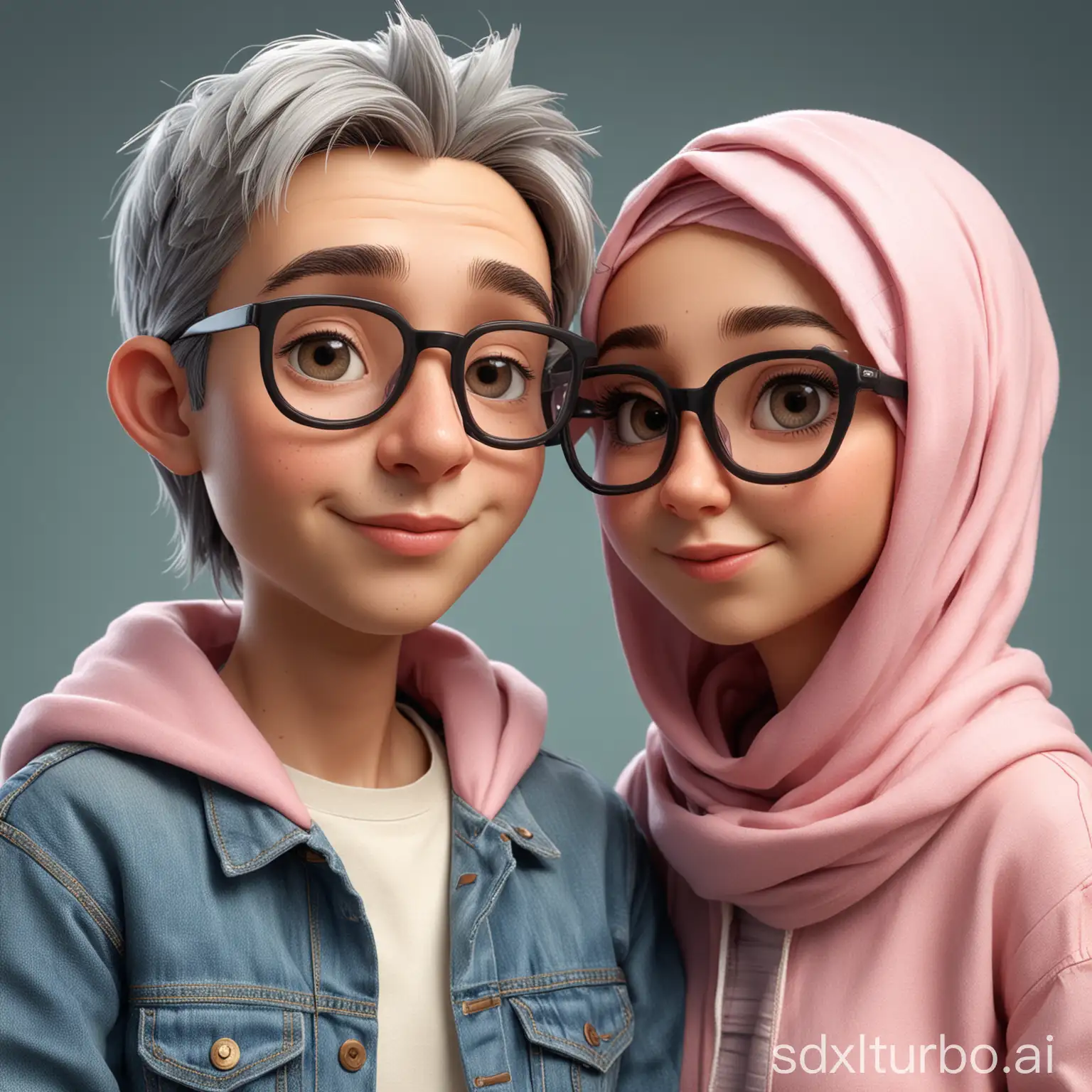 a Caricature 3D realistic cartoon style half body with a big head. The 20 year old man wore a denim jacket with a visible collar and had gray hair. Beside him, a beautiful 20 year old woman wearing glasses was sitting close to each other. The woman was only partially visible, wearing a cream sweater and a pink hijab. They both look seriously focused facing the camera. The background is a beautiful garden with bright sunlight.