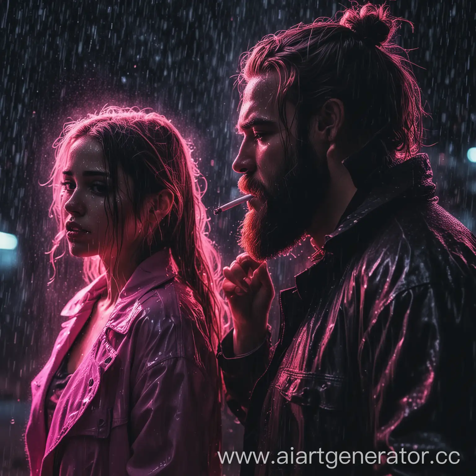девушка и мужчина с бородой стоят спиной друг к другу, мужчина курит, девушка плачет, на фоне дождя, неоновый стиль
