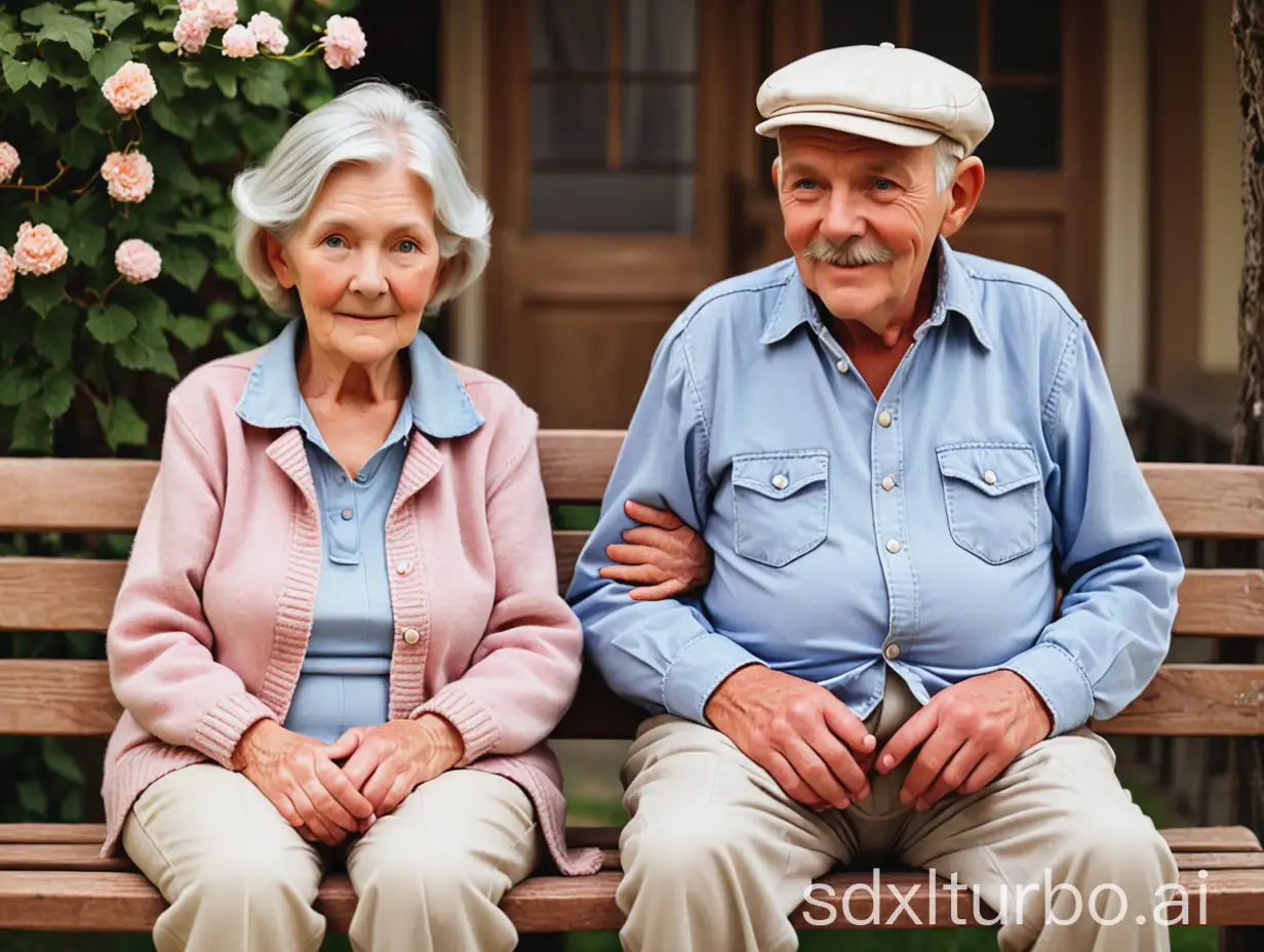 charming old couple sitting on a wooden bench