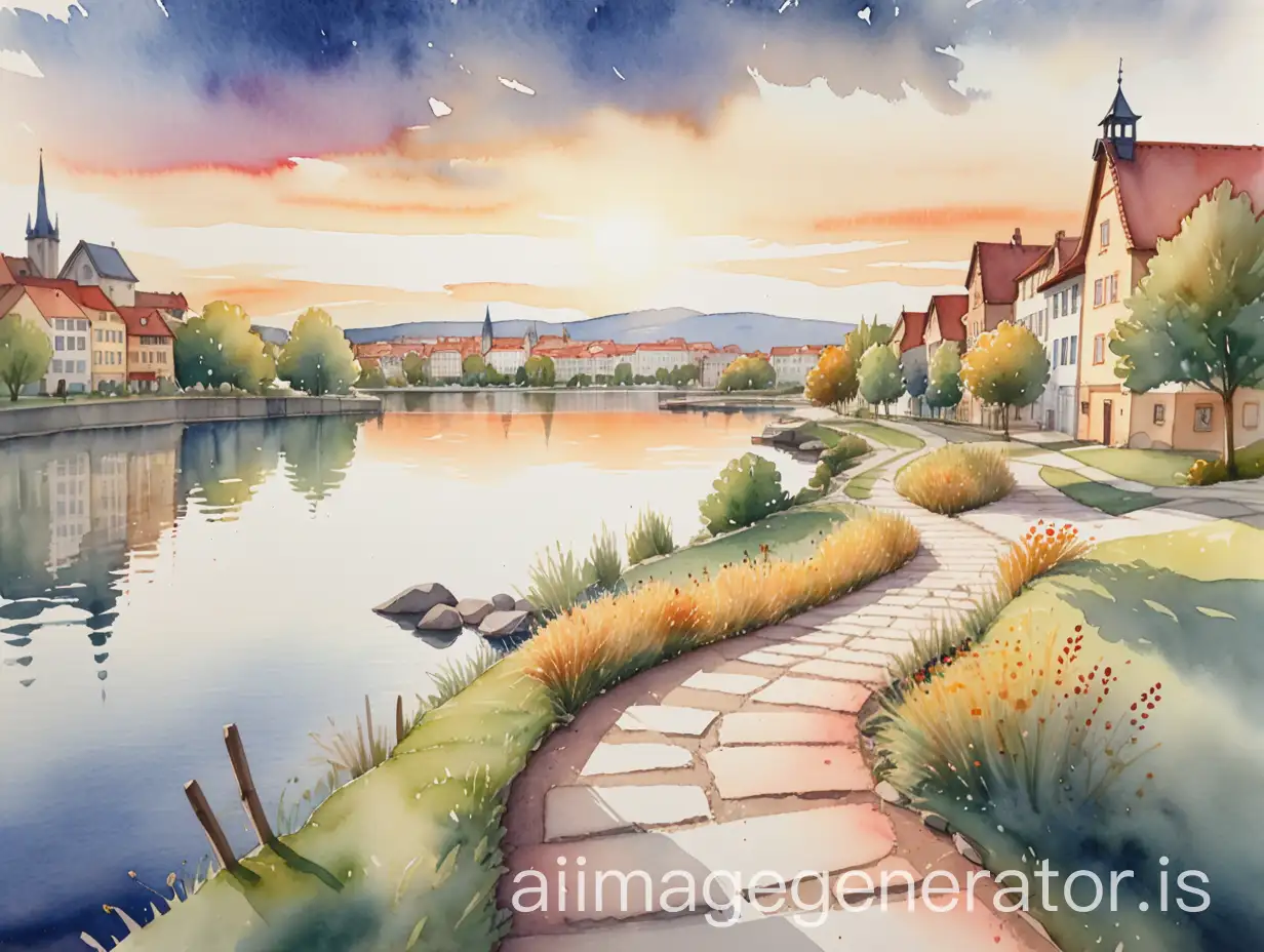 a watercolor painting of a path by a lake with a cute and old town far away in the background during the golden hour