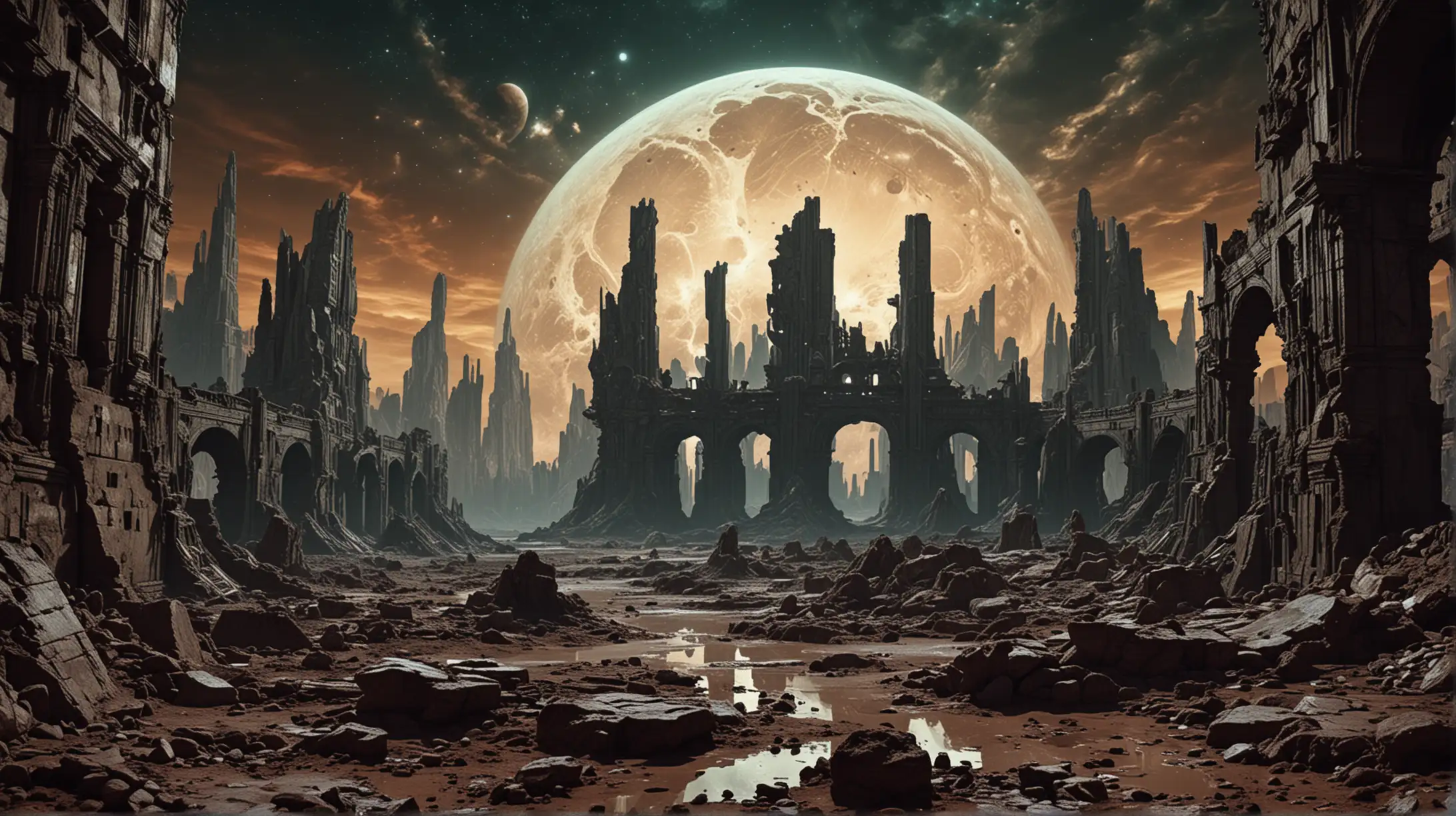 ruins of a very old city built by unknown alien beings on Venus, dark, psychodelic view