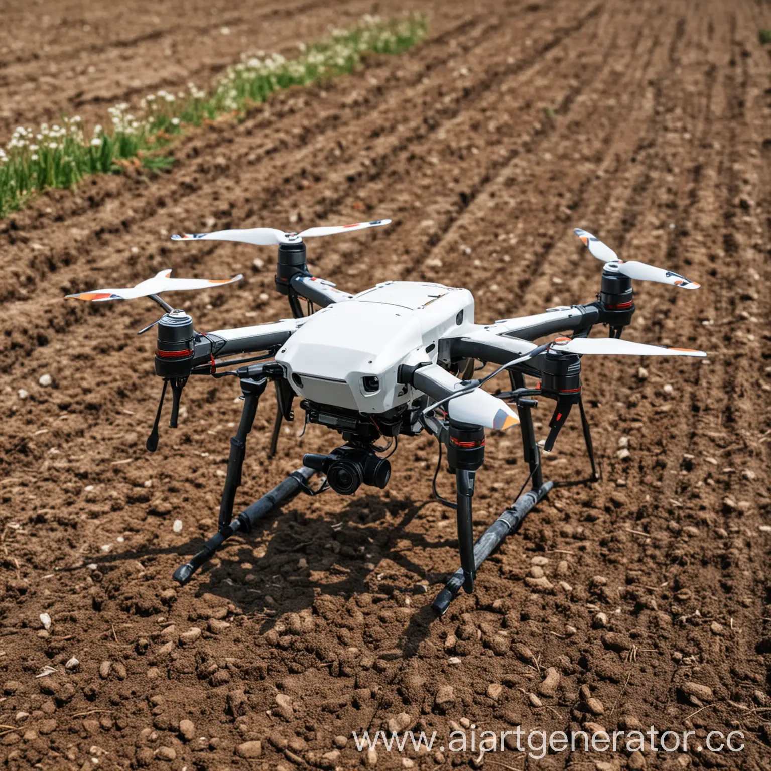 CloseUp-View-of-Agricultural-Drone-in-Spring-Field