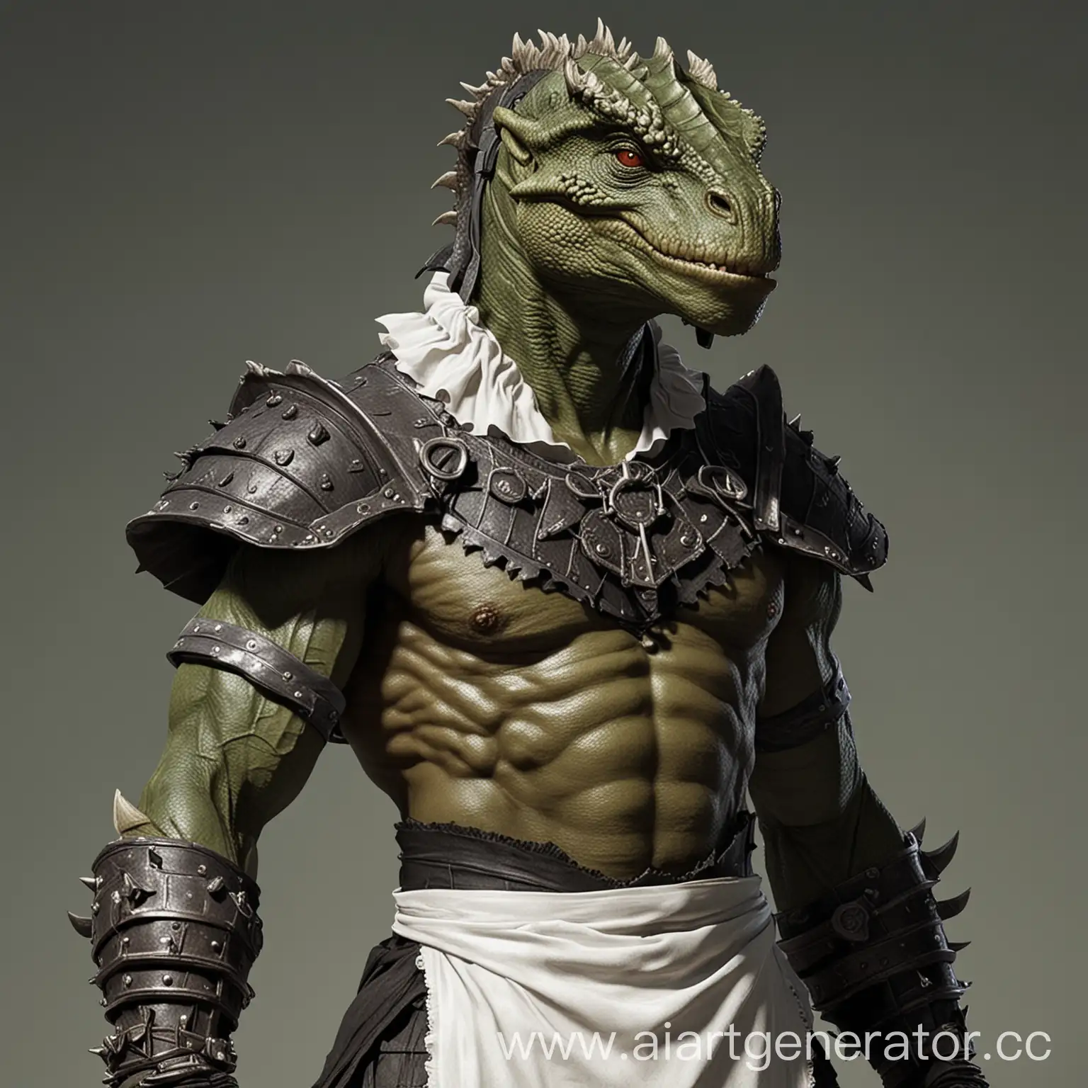 A muscular Argonian man in a maid costume