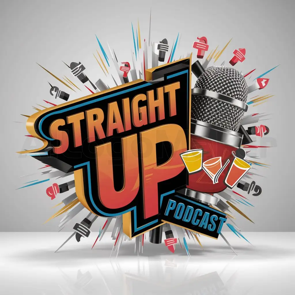 a logo design,with the text "Straight Up", main symbol:Design a 3D logo, WITH A MICROPHONE that embodies the spirit of a podcast, vibrant and imaginative, adorned with voice symbols and drink pieces.,complex,be used in Entertainment industry,clear background