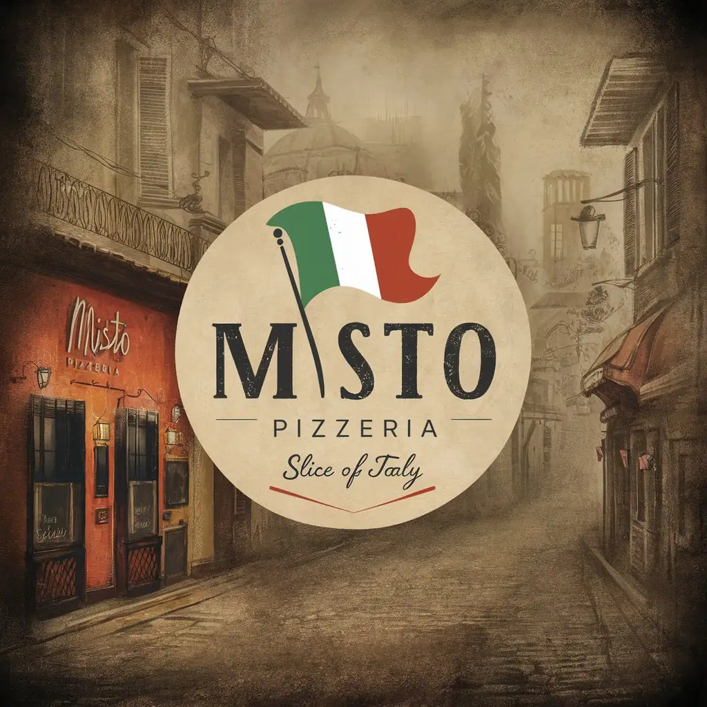 Misto Pizzeria, Minimalist, Emblem, Decorated , Italian colors , White Background, EST 2024 , Italy flag , Antique, Slogan Slice of Italy , Sketched Italian City, Ornament, Rustic, moody foggy atmosphere, Authentic style 