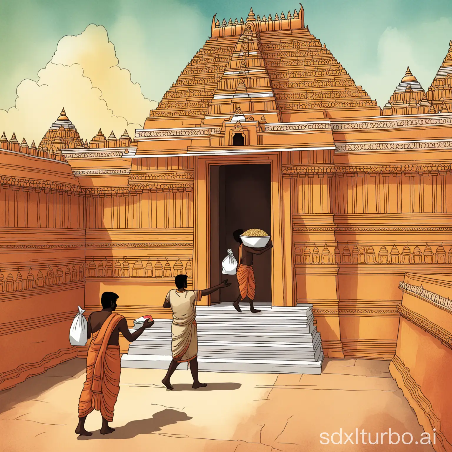 Illustration of a man delivering food packet to another person near a Srirangam temple