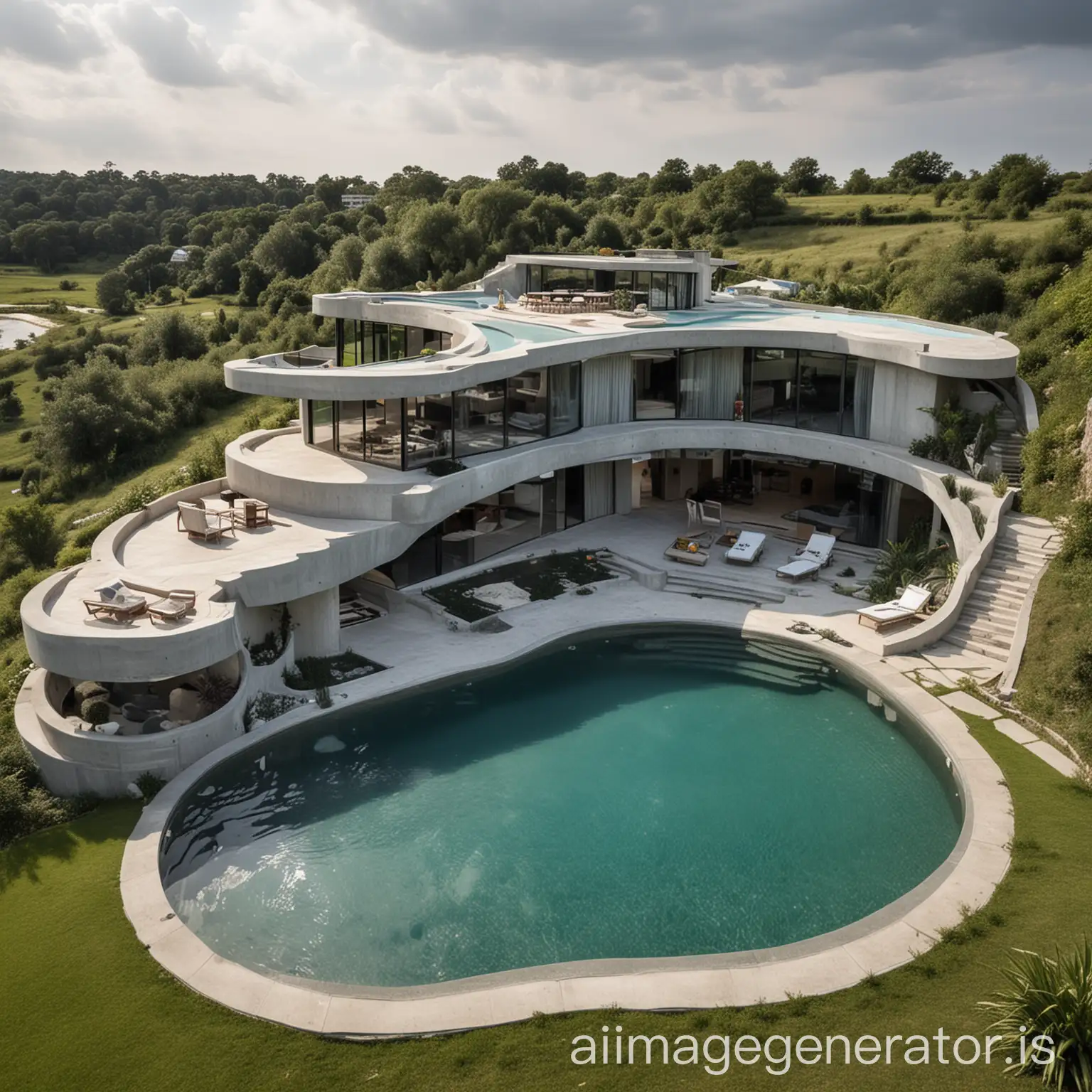 Curved concrete house with north, west and east views, having underground parking, 3 pools(cascading pools from a higher level in the east to the lower level pool in the west), it is a 2 storey house with garden and a pond