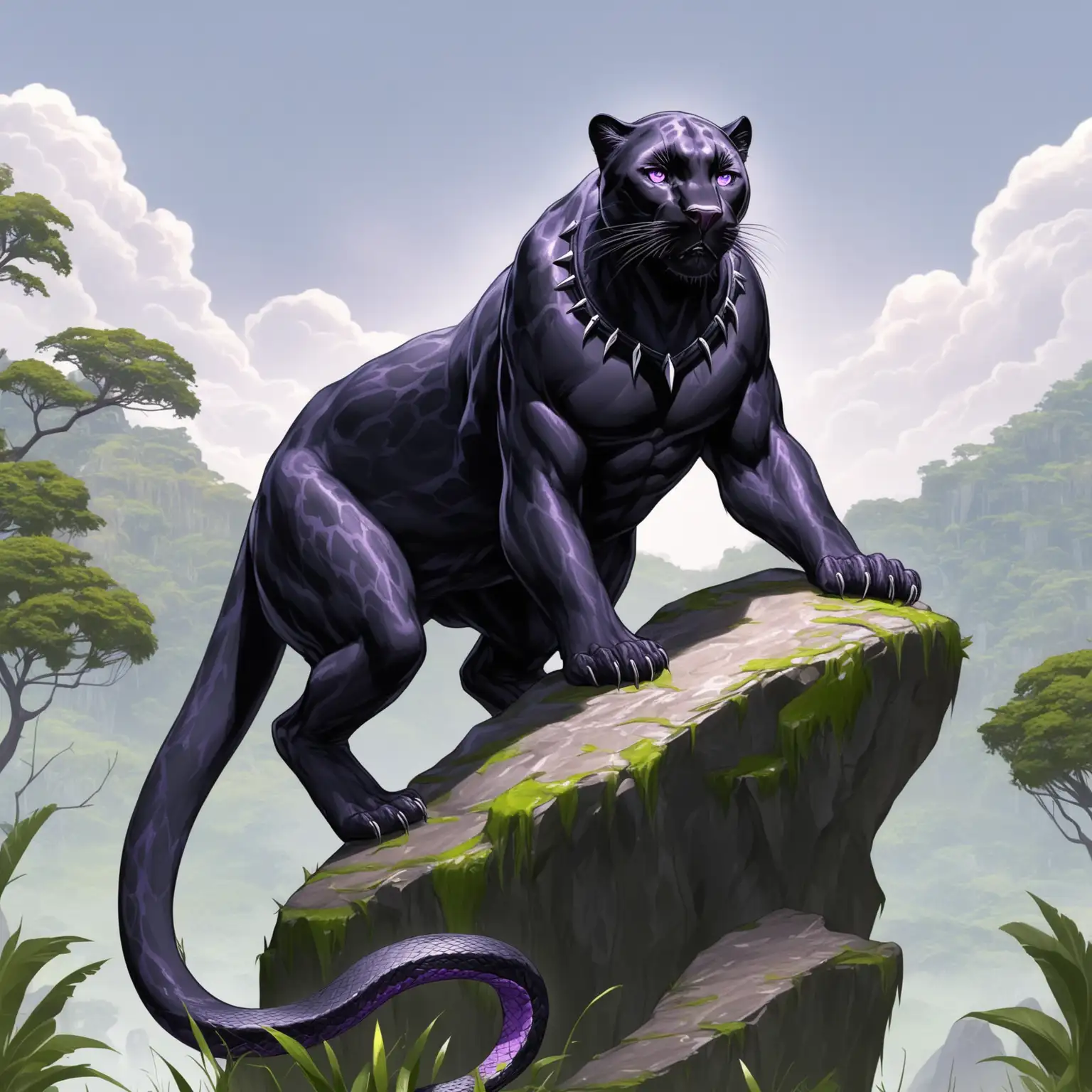 huge black panther, snake for a tail, purple eyes, standing on rock
