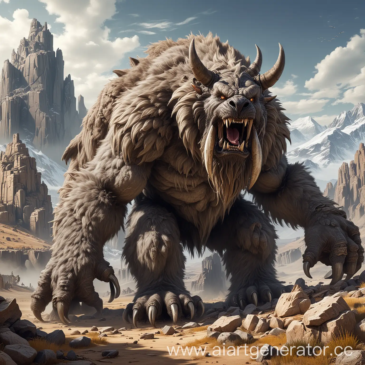 a huge Behemoth and Ancient Behemoth is a 100 percent hairy creature with a place of hands three large claws from the game heroes of might and magic 3 with massive paws a hump a lot of untidy gray fur a large lower jaw with fangs against the background of mountains and ruins and deserts claws, monster, no humans, open mouth, transparent background