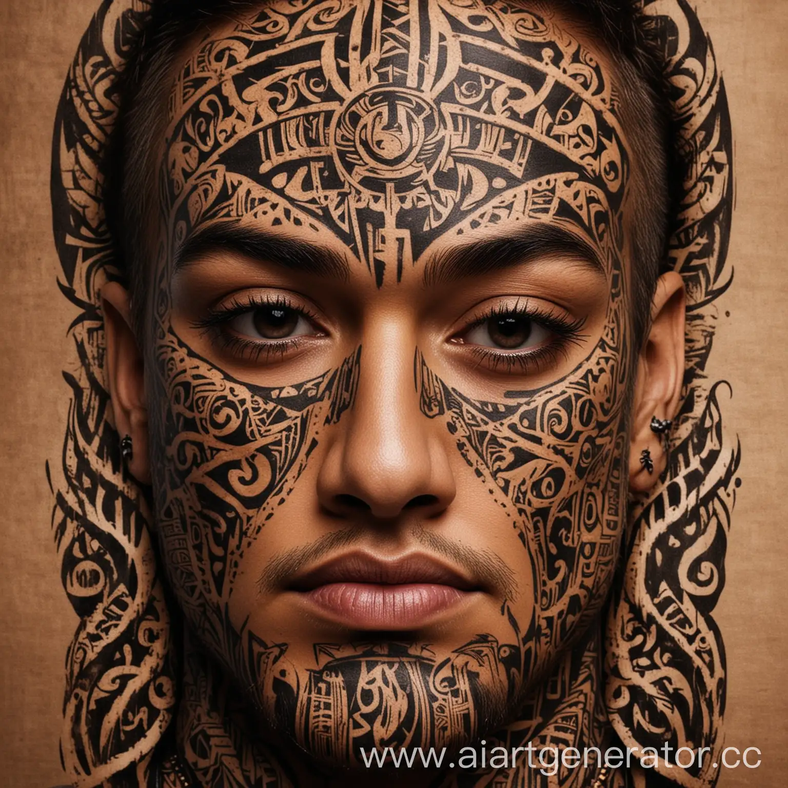 создать обложку для трека в ютьюб в стиле полинезийской татуировки. Лица орнамент 